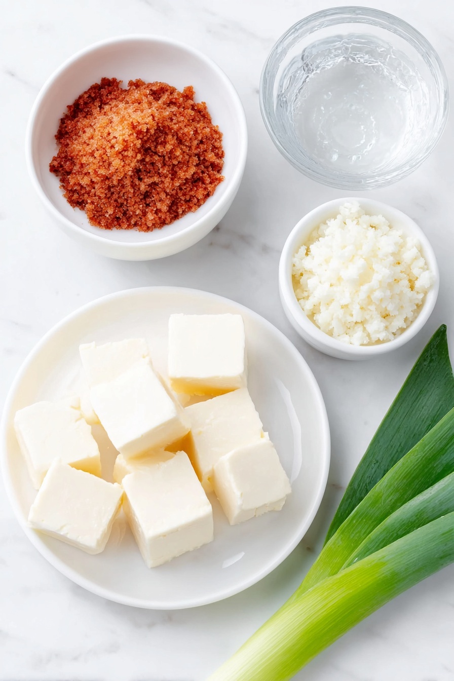 Flat lay of a small mound of granulated hondashi powder, a small white bowl filled with dry wakame seaweed pieces, a simple white ceramic plate with neatly cut small cubes of fresh tofu, a small white bowl holding smooth reddish-brown miso paste, a single bright green scallion stalk with thin slices fanned out beside it, and a small white bowl of clear water droplets representing the 4 cups water, all arranged symmetrically and balanced, placed on a clean white marble surface, soft natural light, photo taken with an iPhone, professional food photography style, fresh ingredients, white ceramic bowls, no bottles, no duplicates, no utensils, no packaging --ar 2:3 --v 7 --p m7354615311229779997 - Quick Gluten-Free Miso Soup, gluten-free miso soup, easy miso soup recipe, healthy quick soup, dairy-free soup