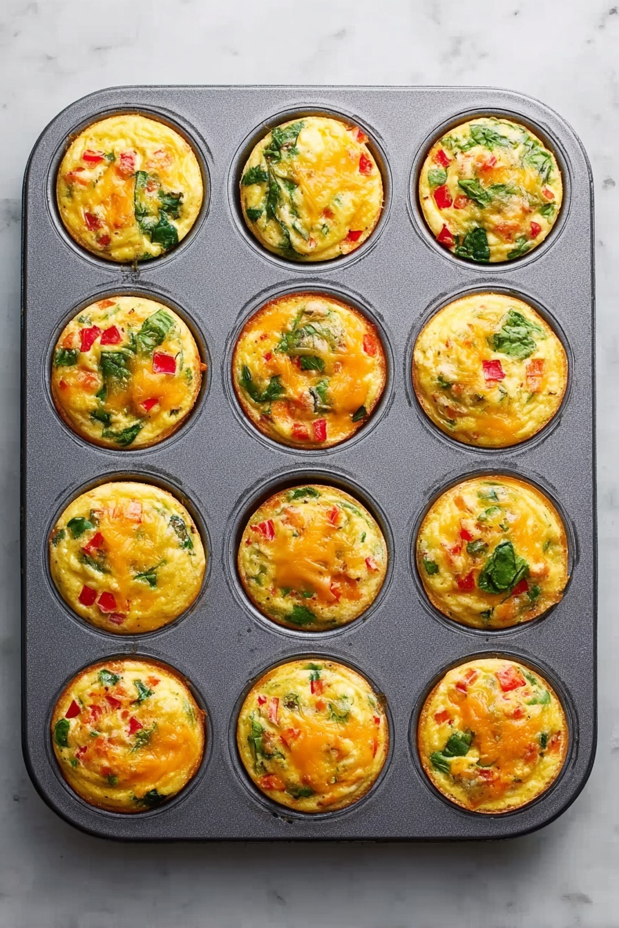 The image shows a group of small round egg muffins with a mix of colorful pieces layered inside. The top layer is light yellow with visible pieces of green spinach, red bell pepper, and some orange cheese. The muffins are placed inside a dark blue pan on a white marbled surface, with some muffins served on two white plates next to it. One muffin on a plate is shown cut in half, revealing the soft texture and mixed vegetables inside. A woman's hand is holding one muffin on the white marbled surface. photo taken with an iphone --ar 2:3 --v 7 - Oven Egg Bites with Spinach and Tomato, healthy breakfast egg bites, protein-packed egg bites recipe, quick breakfast ideas, veggie egg bites