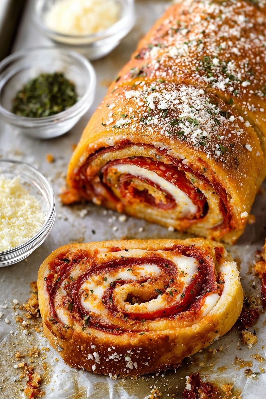 The image shows a sliced, golden-brown roll with a crispy outer layer sprinkled with white grated cheese and green herbs. Inside, there are multiple thin layers of melted white cheese and dark red pepperoni stacked tightly in a spiral pattern. The roll and slices rest on a baking sheet with a white marbled texture underneath, and small clear bowls of grated cheese and green herbs are visible to the side. The roll has a shiny, slightly oily surface with some darker baked spots near the edges. photo taken with an iphone --ar 2:3 --v 7 - Best Pepperoni Rolls, cheesy pepperoni rolls, easy pepperoni roll recipe, savory snack ideas, game day appetizers