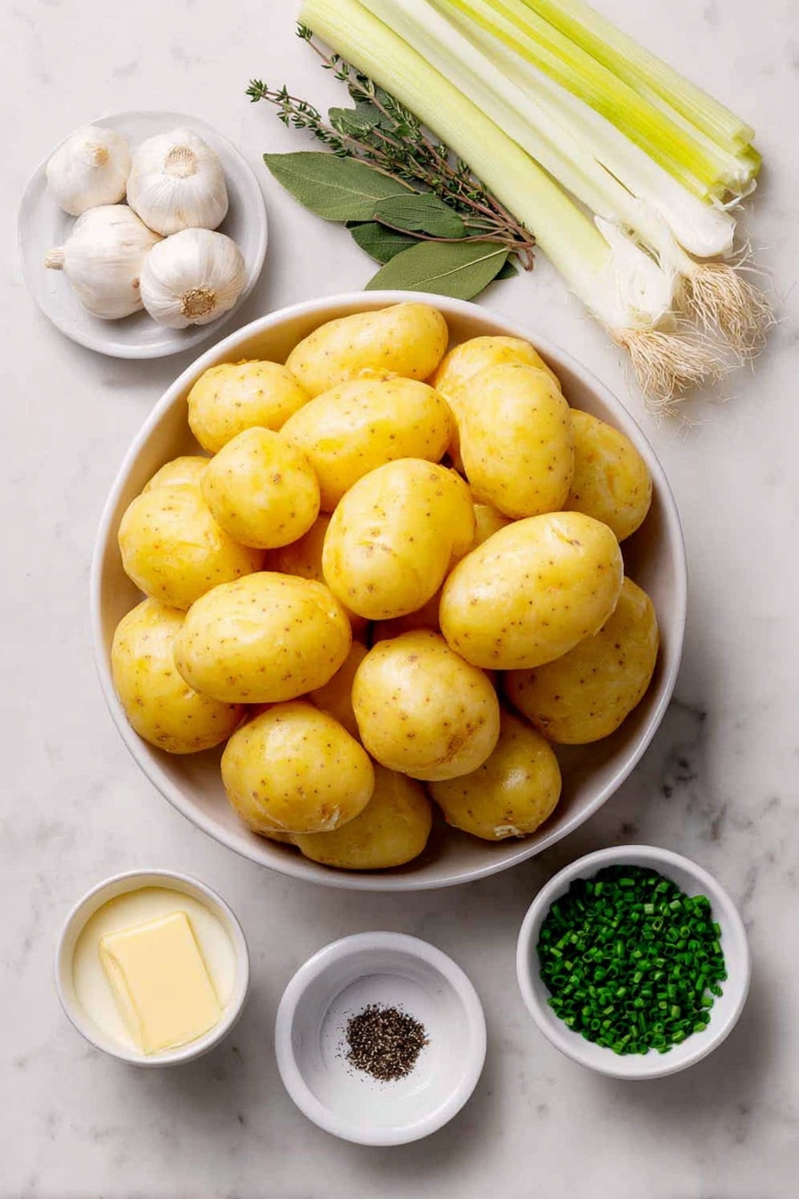 Flat lay of peeled and roughly chopped Yukon Gold potatoes, roughly chopped white and light green leeks, three whole uncracked garlic cloves, three fresh thyme sprigs, two fresh bay leaves, a small white ceramic bowl of unsalted butter, a small white ceramic bowl of heavy cream, a small white ceramic bowl of salt, a small white ceramic bowl of ground black pepper, a small white ceramic bowl of chicken or vegetable broth, and finely chopped fresh chives scattered neatly in a small pile, all arranged symmetrically on a clean white marble surface, soft natural light, photo taken with an iPhone, professional food photography style, fresh ingredients, white ceramic bowls, no bottles, no duplicates, no utensils, no packaging --ar 2:3 --v 7 --p m7354615311229779997 - Creamy Potato Leek Soup, comforting potato leek soup, easy leek and potato soup, velvety vegetable soup, homemade potato leek broth