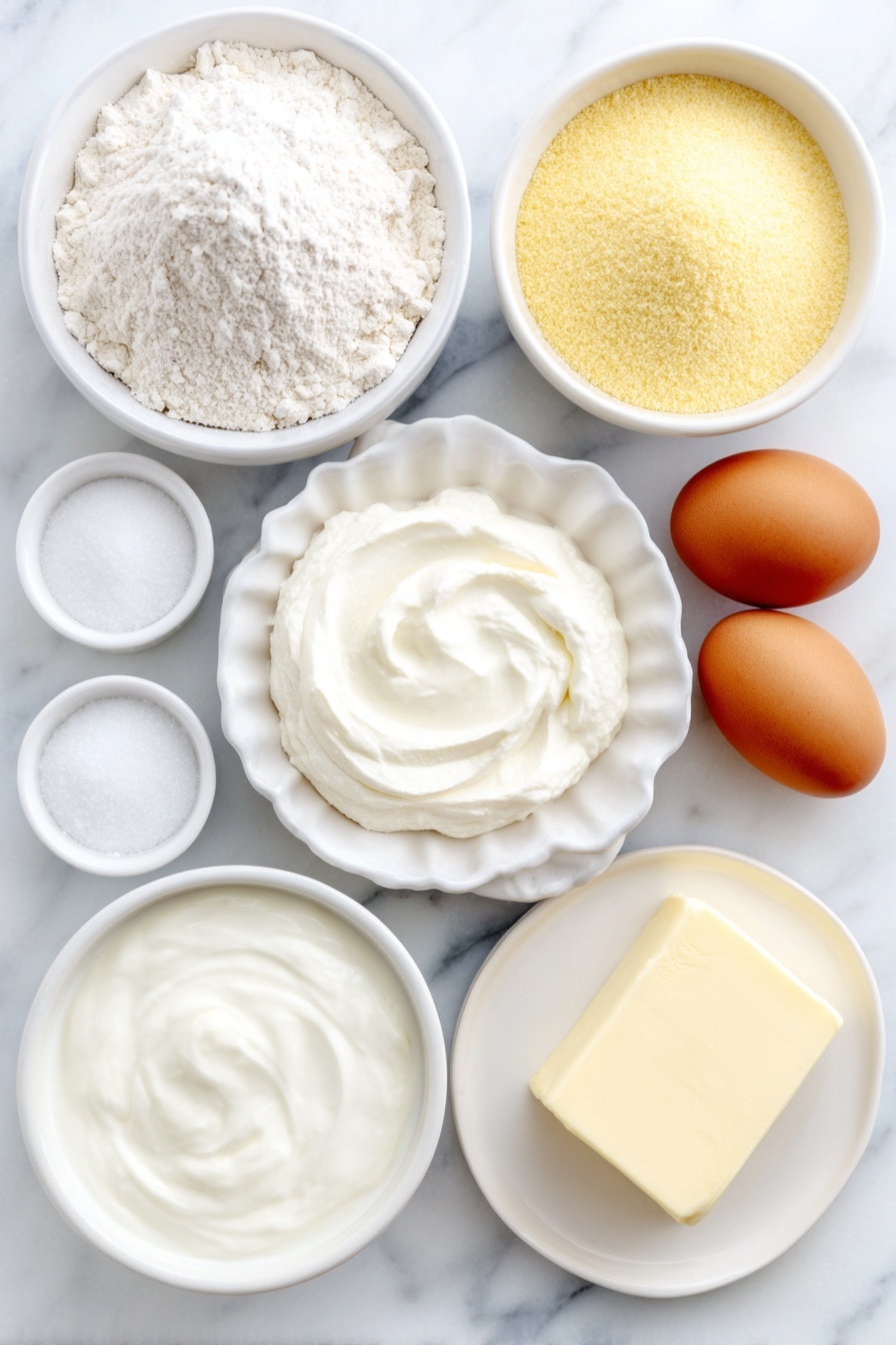 Flat lay of a small mound of all-purpose flour, a small mound of golden cornmeal, two white ceramic bowls containing granulated sugar and baking powder respectively, a small white ceramic bowl with baking soda, a pinch of kosher salt displayed as a small pile, a small white ceramic bowl filled with creamy plain yogurt, two whole brown eggs with clean shells, a small white ceramic bowl holding melted unsalted butter, a small white ceramic bowl of whole milk, and a small pat of salted butter on a white ceramic plate, placed on a clean white marble surface, soft natural light, photo taken with an iPhone, professional food photography style, fresh ingredients, white ceramic bowls, no bottles, no duplicates, no utensils, no packaging --ar 2:3 --v 7 --p m7354615311229779997 - Fluffy Yogurt Pancakes, easy pancake recipes, breakfast ideas, quick breakfast recipes, airy pancake recipe
