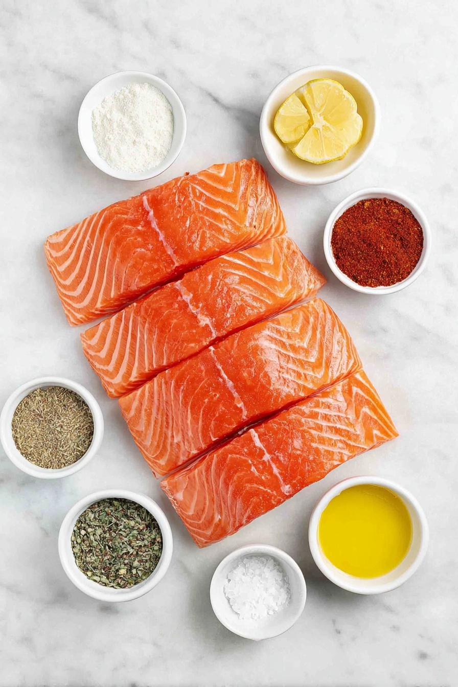Flat lay of four fresh pink salmon fillets with smooth skin, a small white ceramic bowl of fine onion powder, a small white ceramic bowl of garlic powder, a small white ceramic bowl of mixed Italian seasoning herbs, a small white ceramic bowl of bright red paprika powder, a small white ceramic bowl of coarse kosher salt, a small white ceramic bowl of cracked black pepper, a small white ceramic bowl filled with golden olive oil, and a small white ceramic bowl containing fresh yellow lemon juice, all arranged in perfect symmetry on a clean white marble surface, soft natural light, photo taken with an iPhone, professional food photography style, fresh ingredients, white ceramic bowls, no bottles, no duplicates, no utensils, no packaging --ar 2:3 --v 7 --p m7354615311229779997 - Baked Salmon with Garlic and Lemon, baked salmon recipe, easy salmon dinner, healthy baked salmon, lemon garlic salmon
