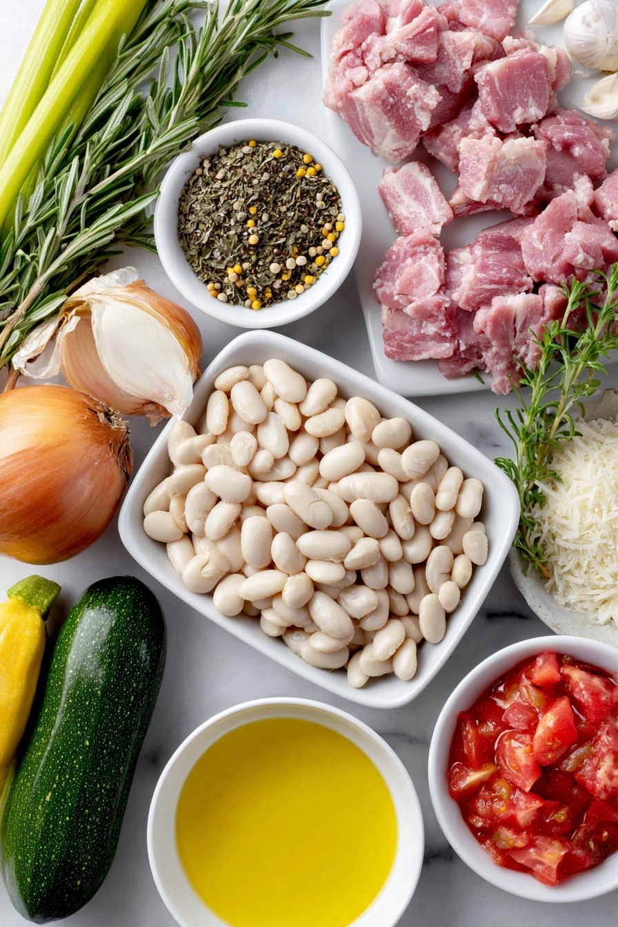 Flat lay of a small pile of dried cannellini beans, one medium onion halved, a whole medium carrot, two celery stalks with leaves, two medium cloves of garlic, one large fresh rosemary sprig, two fresh parsley sprigs, one single bay leaf, a small pile of diced salt pork cubes, a few tablespoons of extra-virgin olive oil in a small white bowl, one whole medium onion finely chopped, one peeled and diced medium carrot, two celery stalks finely diced, a small white bowl with fresh minced rosemary leaves, two minced garlic cloves, a pile of ripe Roma tomatoes peeled and chopped, one piece of Parmesan rind, a small white bowl of dried ditalini pasta, bite-sized pieces of a medium zucchini, bite-sized pieces of a medium summer squash, green beans cut into pieces, roughly chopped fresh spinach leaves, a small bunch of fresh basil, a small bunch of fresh parsley, a small bunch of fresh rosemary, and a small white bowl of freshly ground black pepper placed on a clean white marble surface, soft natural light, photo taken with an iPhone, professional food photography style, fresh ingredients, white ceramic bowls, no bottles, no duplicates, no utensils, no packaging --ar 2:3 --v 7 --p m7354615311229779997 - Hearty Minestrone Soup with Fresh Vegetables, healthy minestrone soup, homemade vegetable soup, easy minestrone recipe, comforting veggie soup