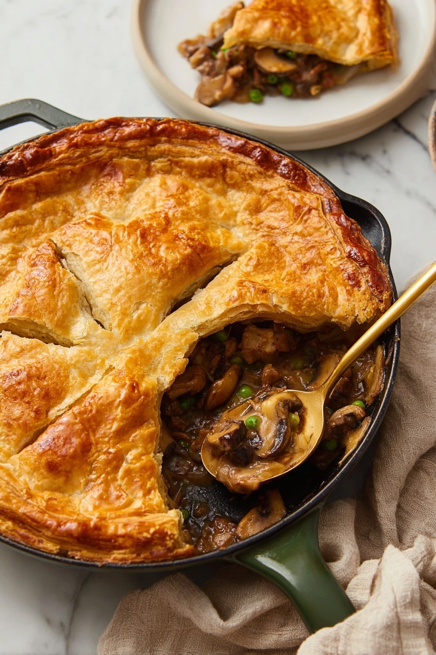 The image shows a round pot pie with a thick, golden brown crust on top, which looks flaky and slightly wrinkled with small vent slits. The crust forms the top layer and covers a creamy filling underneath, which contains chunks of browned meat, orange carrots, green peas, and light brown mushrooms. The pie is in a dark pan with some filling scooped out, revealing the rich, creamy sauce mixed with the vegetables and meat. To the right, a white plate holds a slice of the pie with the same layers visible, resting on a white marbled surface. A light beige cloth is tucked near the pan. photo taken with an iphone --ar 2:3 --v 7 - Vegan Mushroom Pot Pie, vegan mushroom pie, plant-based mushroom pot pie, dairy-free mushroom pot pie, hearty vegan comfort food