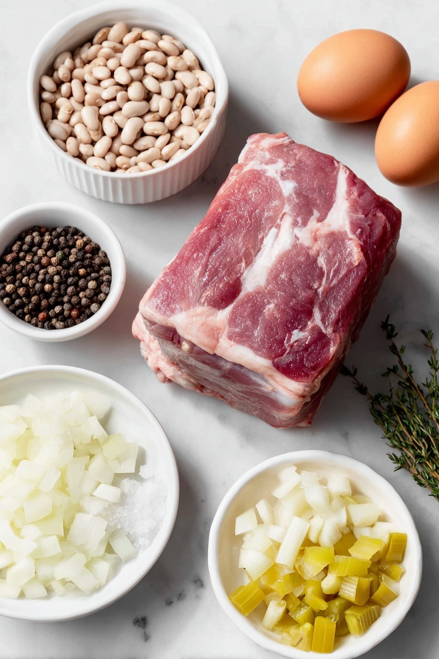 Flat lay of a small mound of dried navy beans, a fresh pink ham bone with bits of meat attached, half a large white onion diced, one large celery rib diced, five peeled garlic cloves, a small bundle of fresh thyme sprigs, a small white bowl of coarse sea salt, a small white bowl of black peppercorns, a small white bowl of water, one large diced orange carrot, and two whole brown eggs placed symmetrically on simple white ceramic dishes and bowls, all ingredients fresh and natural, placed on a clean white marble surface, soft natural light, photo taken with an iPhone, professional food photography style, fresh ingredients, white ceramic bowls, no bottles, no duplicates, no utensils, no packaging --ar 2:3 --v 7 --p m7354615311229779997 - Hearty Ham and Bean Soup, hearty ham and bean soup, smoky ham bean soup, comforting bean and ham stew, easy ham and bean dish