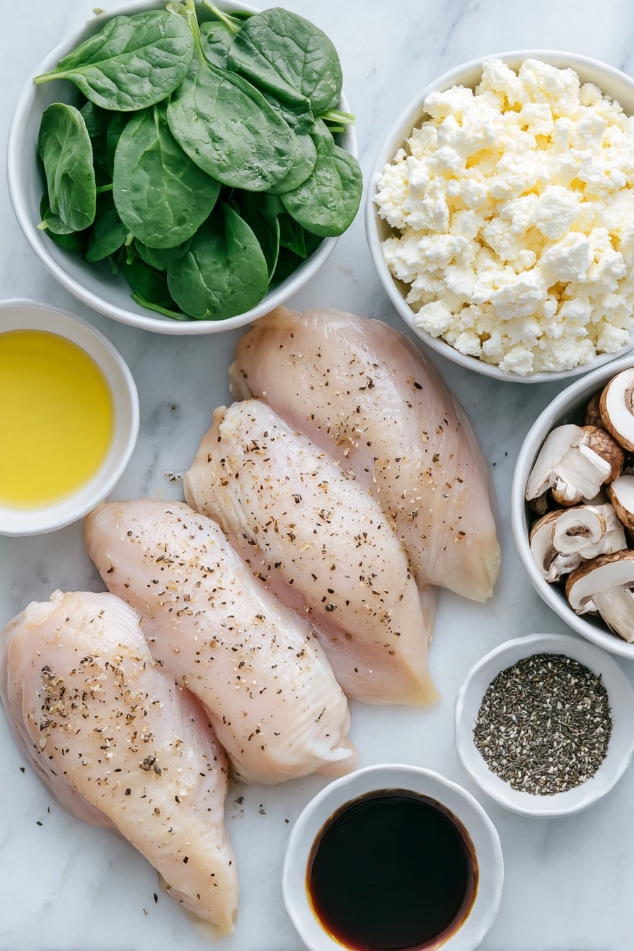 Flat lay of four raw chicken breasts with clean, uncracked skin, a small white bowl of crumbled goat cheese, a handful of fresh green spinach leaves, a whole white onion sliced into thin rings, a small white bowl filled with sliced baby bella mushrooms, a small white bowl of golden olive oil, a few fresh sprigs of thyme, a small white bowl containing dark balsamic vinegar, a small white bowl of freshly ground black pepper, placed on a clean white marble surface, soft natural light, photo taken with an iPhone, professional food photography style, fresh ingredients, white ceramic bowls, no bottles, no duplicates, no utensils, no packaging --ar 2:3 --v 7 --p m7354615311229779997 - Goat Cheese Stuffed Chicken with Caramelized Onions, stuffed chicken breast recipes, elegant chicken dinner ideas, savory stuffed chicken dishes, easy gourmet chicken recipes