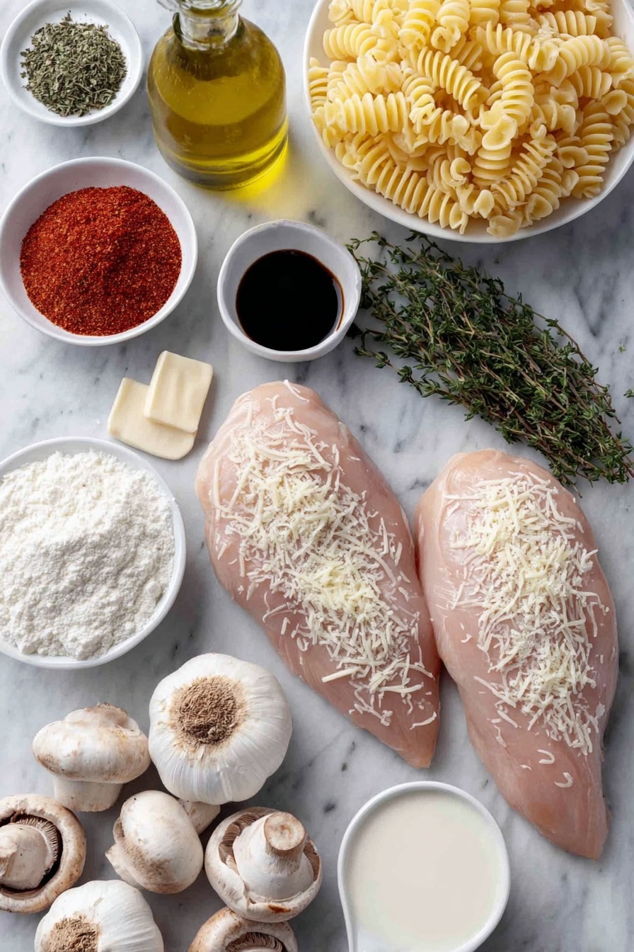 Flat lay of two large boneless skinless chicken breasts, a small mound of garlic powder, a small mound of Italian seasoning, a small mound of kosher salt, a small pile of freshly ground black pepper, a small white ceramic bowl of extra-virgin olive oil, a few tablespoons of salted butter blocks, a handful of sliced baby bella mushrooms, a small bunch of fresh thyme sprigs with leaves, three whole uncracked garlic cloves, a small white ceramic bowl of dry white wine, a small white ceramic bowl of all-purpose flour, a small white ceramic bowl of low-sodium chicken broth, a small white ceramic bowl of whole milk, a small white ceramic bowl filled with grated parmesan cheese, a small pile of fresh thyme leaves, a neat nest of cooked egg noodles, all arranged symmetrically on a clean white marble surface, soft natural light, photo taken with an iPhone, professional food photography style, fresh ingredients, white ceramic bowls, no bottles, no duplicates, no utensils, no packaging --ar 2:3 --v 7 --p m7354615311229779997 - Skillet Chicken with Mushroom Parmesan Gravy, easy chicken mushroom dinner, quick chicken skillet recipe, comforting chicken and mushroom dish, gourmet chicken gravy recipe