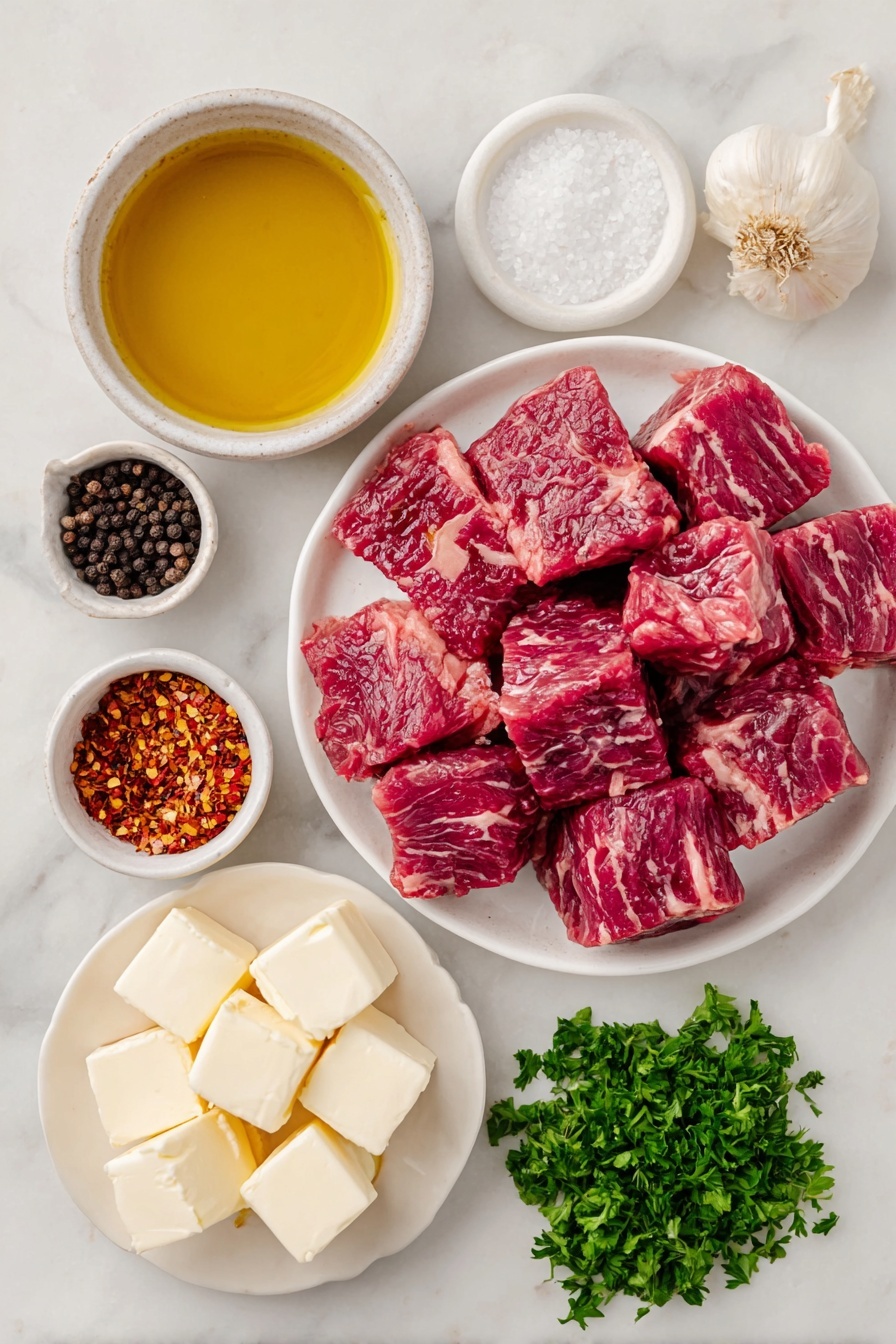 Flat lay of a small white ceramic bowl with golden olive oil, several raw sirloin steak bites with deep red marbling, coarse salt crystals scattered beside a small white bowl holding black peppercorns, two small cubes of pale unsalted butter on a white plate, a few fresh garlic cloves and a small pile of minced garlic next to a small white bowl filled with bright red crushed red pepper flakes, and a small bunch of vibrant green chopped parsley on a white ceramic dish, all arranged in perfect symmetry and realistic proportions, placed on a clean white marble surface, soft natural light, photo taken with an iPhone, professional food photography style, fresh ingredients, white ceramic bowls, no bottles, no duplicates, no utensils, no packaging --ar 2:3 --v 7 --p m7354615311229779997 - Garlic Butter Steak Bites, steak bites recipe, easy steak bites, quick dinner ideas, juicy steak tips