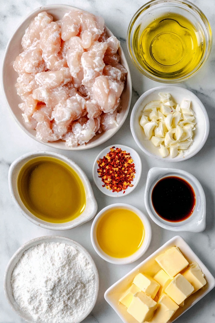 Flat lay of fresh bite-sized raw chicken breast pieces, a small white ceramic bowl of fine corn starch powder, a few red pepper flakes scattered neatly, a small white ceramic bowl with crushed garlic cloves, a clean white ceramic bowl holding golden olive oil, a small white ceramic bowl filled with thick amber honey, a small white ceramic bowl with bright yellow lemon juice, a small white ceramic bowl containing dark soy sauce, a small white ceramic bowl with vivid red hot sauce, a few small cubes of pale yellow butter placed naturally, all arranged with perfect symmetry and balanced proportions, placed on a clean white marble surface, soft natural light, photo taken with an iPhone, professional food photography style, fresh ingredients, white ceramic bowls, no bottles, no duplicates, no utensils, no packaging --ar 2:3 --v 7 --p m7354615311229779997 - Honey Garlic Chicken Bites, Honey Garlic Chicken, Easy Chicken Bites, Quick Dinner Recipes, Savory Chicken Snacks