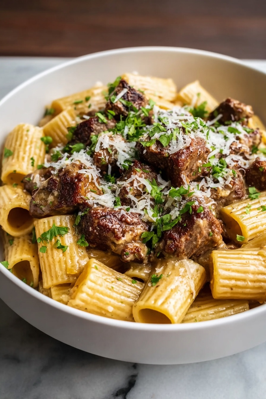 Cajun Steak Tips with Cheesy Pasta Recipe - Serving