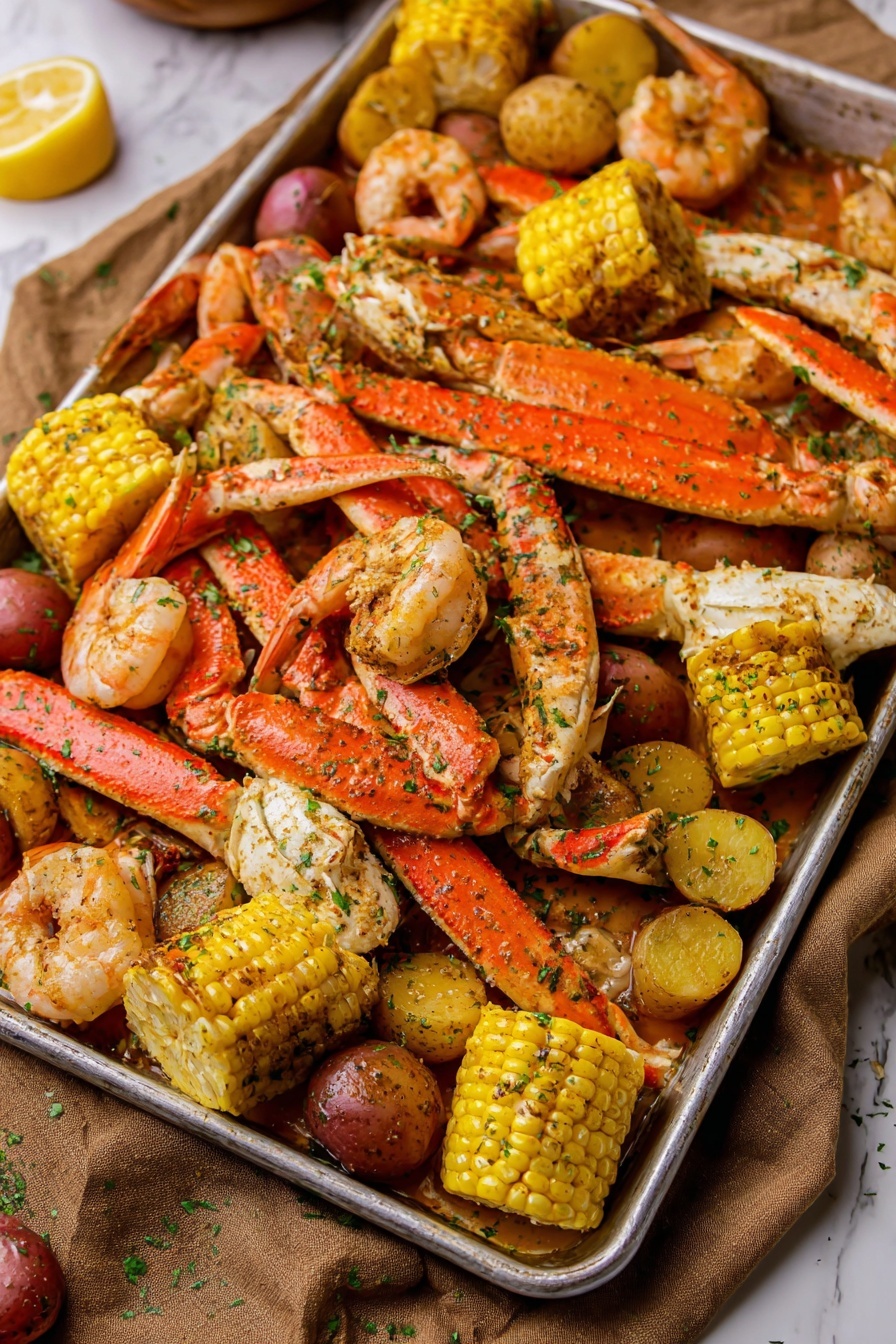A large metal tray is full of cooked seafood and vegetables. On the top layer, there are bright orange crab legs and pink shrimp, some with tails up. Scattered around are yellow and red small potatoes with green herbs sprinkled on them. Pieces of yellow corn on the cob are placed around the tray. There are also yellow lemon wedges on the tray. Everything is coated in a light, oily sauce with herbs that give a fresh green speckled look. The tray rests on a white marbled surface with a brown cloth nearby. photo taken with an iphone --ar 2:3 --v 7 - Cajun Seafood Boil with Garlic Butter, Cajun Seafood Boil, seafood boil recipe, garlic butter seafood boil, Cajun shrimp and sausage boil