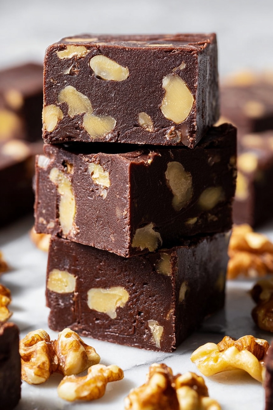 The image shows a stack of six thick, dark brown chocolate fudge squares with visible chunks of light beige walnuts inside. One square on top has a bite taken out, showing a smooth and dense texture inside with walnut pieces. The fudge pieces are arranged on a crumpled white paper over a white marbled surface. Around the fudge, there are some loose walnut halves scattered, and a blurred plate with more walnuts is in the background. A few flakes of white salt are sprinkled on the fudge top. Photo taken with an iphone --ar 2:3 --v 7 - Easy No-Fail Chocolate Fudge, chocolate fudge recipe, simple chocolate fudge, homemade chocolate fudge, quick fudge for beginners