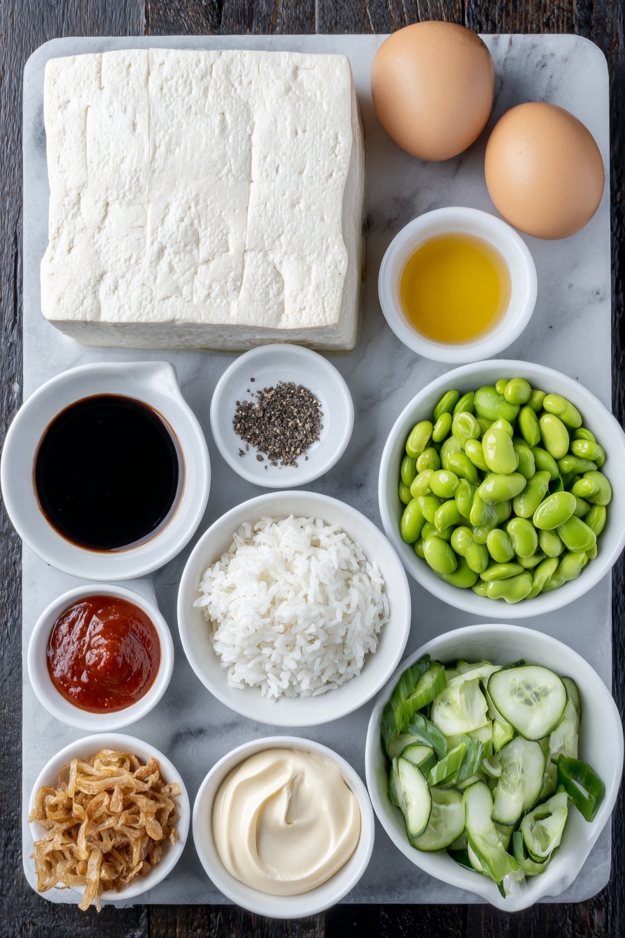 Flat lay of a whole block of extra firm tofu with natural texture, two uncracked brown eggs, a small pile of coarse salt crystals, a small pile of whole black peppercorns, a few fresh garlic cloves, a small white ceramic bowl with dark soy sauce, a small white ceramic bowl with golden maple syrup, a small white ceramic bowl with bright red sriracha, a small white ceramic bowl with smooth tomato paste, a small white ceramic bowl with creamy vegan mayo, a small white ceramic bowl with clear rice vinegar, a small white ceramic bowl with freshly grated pale yellow ginger, a mound of cooked white sushi rice, a handful of bright green shelled edamame, a thinly sliced English cucumber arranged neatly, diced ripe green avocado chunks, a small pile of crispy fried onions with golden brown color, fresh sprigs of vibrant green cilantro, and sliced green onions with white and green stalks, all arranged with perfect symmetry on a clean white marble surface, soft natural light, photo taken with an iPhone, professional food photography style, fresh ingredients, white ceramic bowls, no bottles, no duplicates, no utensils, no packaging --ar 2:3 --v 7 --p m7354615311229779997 - Sticky Glazed Tofu Bowl with Yum Yum Sauce, tofu bowl recipes, vegetarian Asian dinner, easy tofu stir-fry, flavorful plant-based bowls