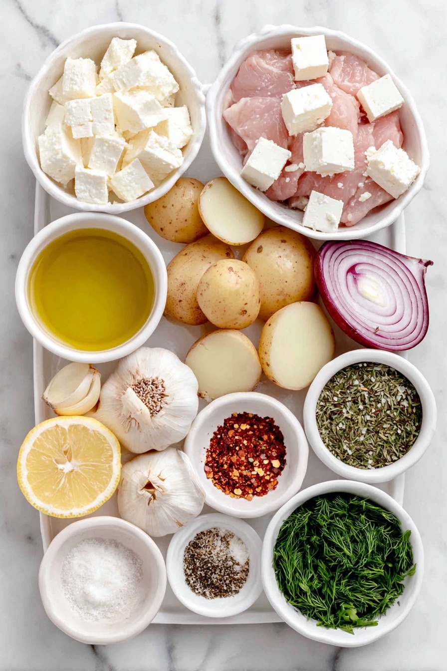 Flat lay of a small white ceramic bowl with extra virgin olive oil, a whole lemon with bright yellow zest, lemon juice in a small white bowl, six peeled garlic cloves, a small mound of dijon mustard, dried oregano in a neat pile, sweet paprika powder, kosher salt crystals, freshly ground black pepper, halved fingerling potatoes with smooth skin, thin lemon slices, large chunks of yellow onion, raw boneless skinless chicken thighs with fresh pink flesh, crumbled white feta cheese on a simple white ceramic plate, chopped fresh parsley sprigs, chopped fresh dill sprigs, and a small white bowl of red pepper flakes, all arranged in perfect symmetry on a clean white marble surface, soft natural light, photo taken with an iPhone, professional food photography style, fresh ingredients, white ceramic bowls, no bottles, no duplicates, no utensils, no packaging --ar 2:3 --v 7 --p m7354615311229779997 - Herby Lemon Chicken and Potatoes Sheet Pan Dinner, Lemon Chicken sheet pan recipe, easy lemon chicken dinner, healthy sheet pan chicken recipes, quick weeknight chicken
