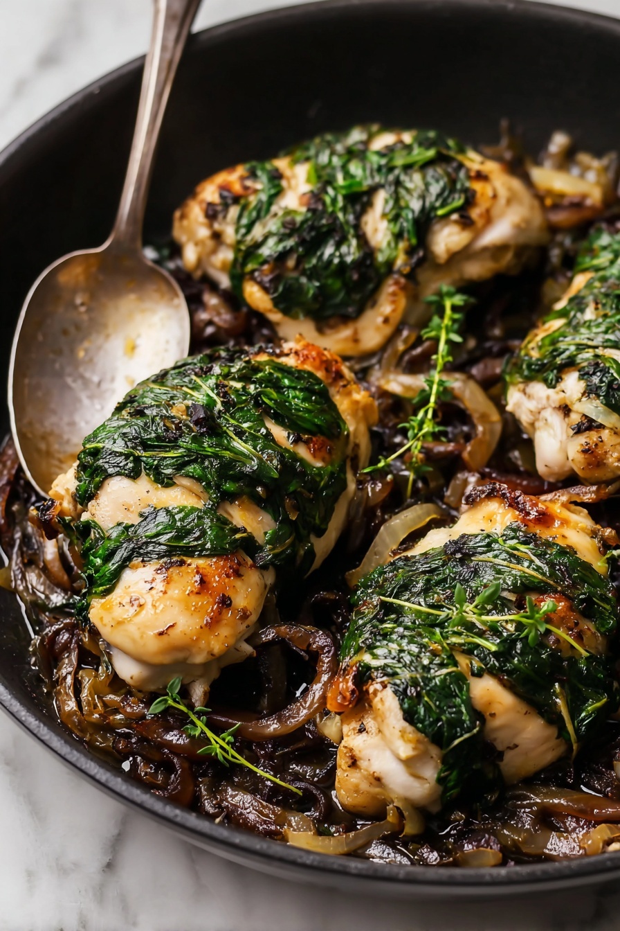 A black pan holds four white chicken pieces with dark green spinach leaves layered on top in stripes. The chicken rests over a bed of browned onions and mushrooms, creating a rich dark brown base. Small sprigs of fresh green herbs add extra detail around the chicken. A silver spoon rests on the edge of the pan which sits on a white marbled surface. The lighting highlights the juicy texture of the chicken and the leafy spinach on top, giving a warm and fresh look. photo taken with an iphone --ar 2:3 --v 7 - Goat Cheese Stuffed Chicken with Caramelized Onions, stuffed chicken breast recipes, elegant chicken dinner ideas, savory stuffed chicken dishes, easy gourmet chicken recipes