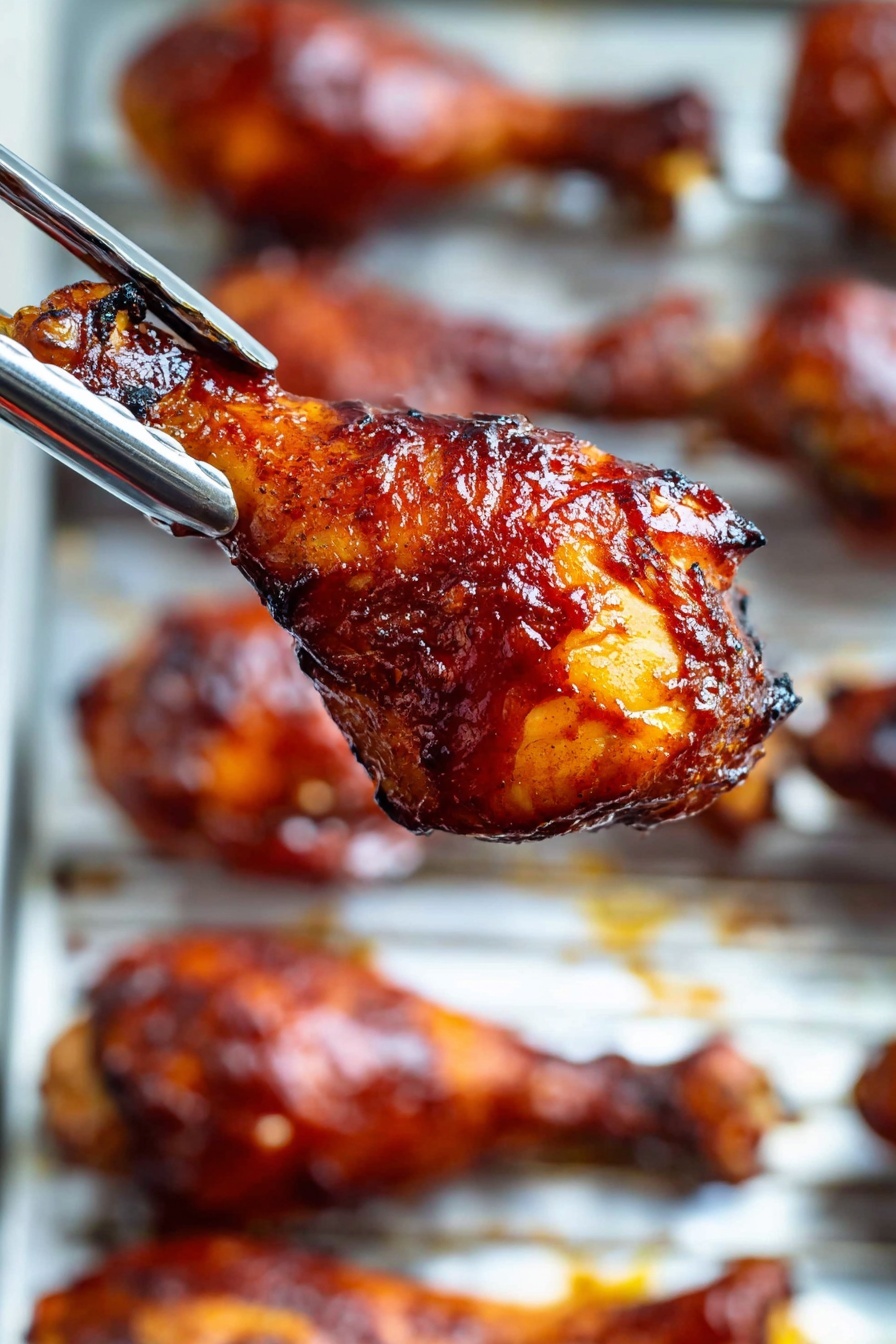 The image shows a close-up of several cooked chicken drumsticks on a metal rack over a white marbled surface. The chicken drumsticks are covered in a shiny, dark reddish-brown sauce that looks sticky and well-cooked, with some areas appearing slightly charred and crispy. The drumsticks have a textured surface with visible spice rubs and grill marks, giving them a rich, appetizing look. The light highlights the glossy sauce, making the chicken look tender and juicy. The background is blurred but maintains the white marbled texture, keeping the focus on the chicken pieces. photo taken with an iphone --ar 2:3 --v 7 - Baked BBQ Chicken Drumsticks, grilled chicken recipes, easy chicken dinner, weeknight chicken ideas, juicy baked chicken