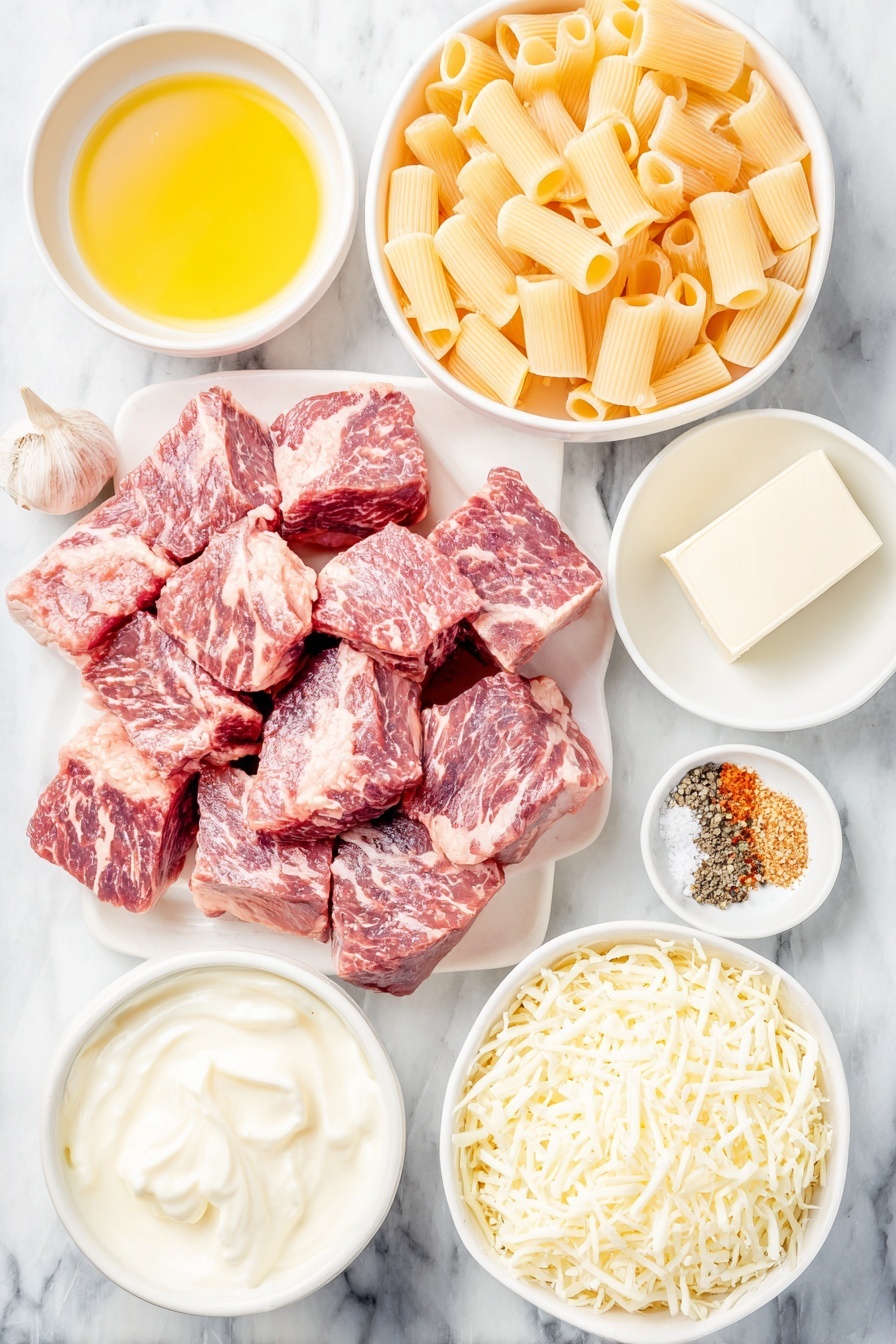 Flat lay of fresh sirloin steak cut into 1-inch cubes, dry Cajun seasoning sprinkled beside the steak, a small pile of uncooked rigatoni pasta, two whole uncracked brown garlic cloves, a small white bowl with golden olive oil, a small white bowl with creamy heavy whipping cream, a small white bowl filled with freshly grated Parmesan cheese, a small white bowl with shredded mozzarella cheese, a small white bowl containing a pat of unsalted butter, a small heap of coarse sea salt, and a few whole black peppercorns, all neatly arranged with perfect symmetry on a simple white ceramic surface, placed on a clean white marble surface, soft natural light, photo taken with an iPhone, professional food photography style, fresh ingredients, white ceramic bowls, no bottles, no duplicates, no utensils, no packaging --ar 2:3 --v 7 --p m7354615311229779997 - Cajun Steak Tips with Cheesy Pasta, Cajun steak tips, cheesy pasta recipes, easy Cajun dinner, flavorful steak pasta dish