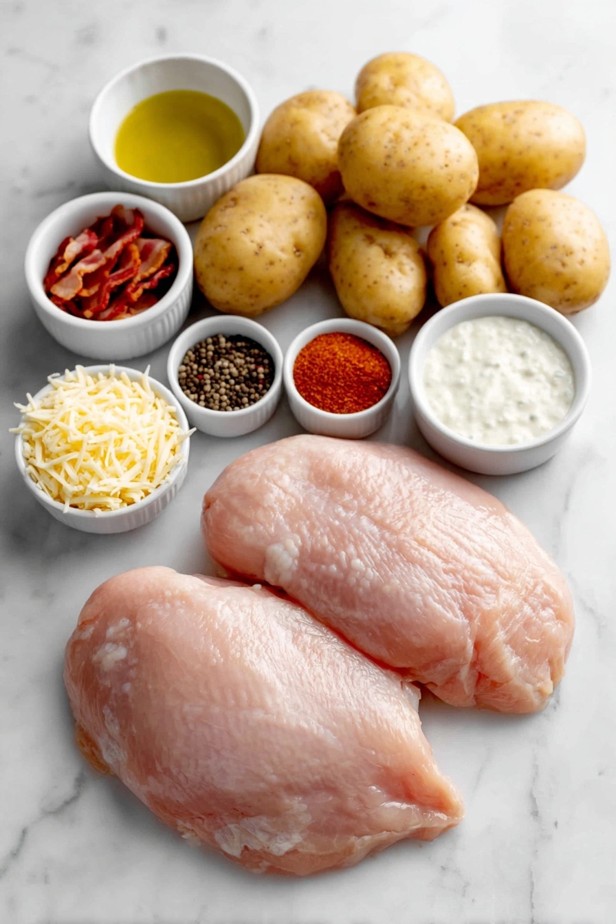 Flat lay of two whole uncut chicken breasts, four whole medium potatoes, six raw bacon strips, a small white bowl of olive oil, a small white bowl of dry ranch seasoning powder, a small white bowl of coarse salt, a small white bowl of black peppercorns, a small white bowl of paprika powder, a small white bowl of garlic powder, a small white bowl of shredded mozzarella cheese, a small white bowl of creamy ranch dressing, all arranged symmetrically on a clean white marble surface, soft natural light, photo taken with an iPhone, professional food photography style, fresh ingredients, white ceramic bowls, no bottles, no duplicates, no utensils, no packaging --ar 2:3 --v 7 --p m7354615311229779997 - Chicken Bacon Ranch Potato Skillet, hearty one-pan dinner, easy chicken skillet recipe, cheesy bacon potato dish, quick weeknight meal