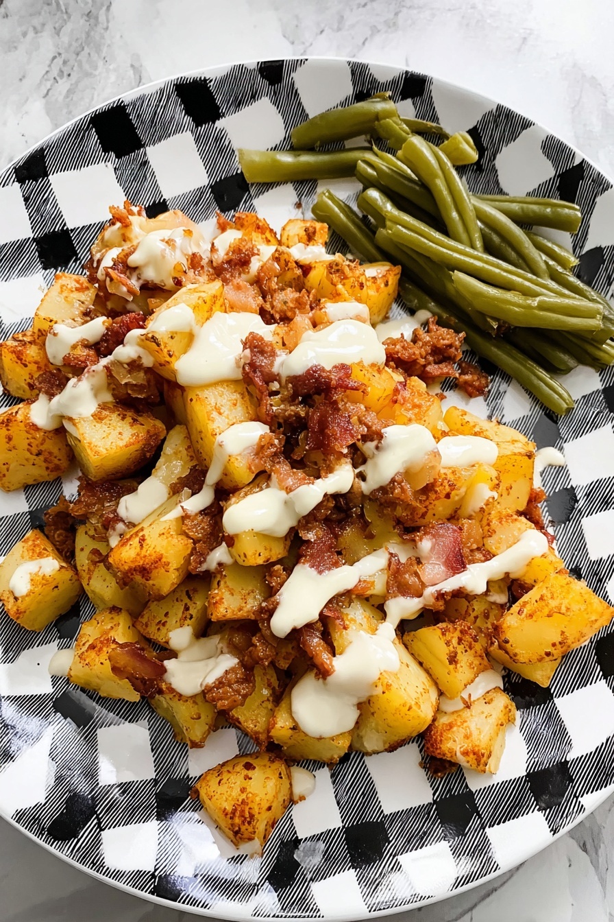 On a white plate with a black and white checkered pattern, there is a pile of diced cooked potatoes mixed with small pieces of browned meat and melted cheese. The potatoes and meat have a golden-brown and reddish color with a slightly crispy texture. White creamy sauce is drizzled over the top in uneven lines. To the side of this, there is a small pile of green beans, cut into short pieces, with a soft and smooth texture. The plate sits on a white marbled surface. photo taken with an iphone --ar 2:3 --v 7 - Chicken Bacon Ranch Potato Skillet, hearty one-pan dinner, easy chicken skillet recipe, cheesy bacon potato dish, quick weeknight meal