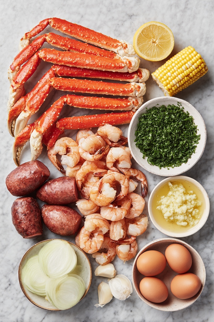 Flat lay of fresh snow crab leg clusters with bright red shells, several jumbo shrimp with pink shells and tails, rounds of sliced andouille sausage in deep reddish-brown hues, a cluster of small red and gold baby potatoes, a few mini ears of sweet corn with vibrant yellow kernels and green husks partially peeled back, a medium yellow onion sliced into translucent half-moon rings, a large lemon cut into bright yellow wedges, several whole uncracked brown eggs, and small white ceramic bowls containing finely minced garlic, golden melted butter, and freshly chopped green parsley, placed on a clean white marble surface, soft natural light, photo taken with an iPhone, professional food photography style, fresh ingredients, white ceramic bowls, no bottles, no duplicates, no utensils, no packaging --ar 2:3 --v 7 --p m7354615311229779997 - Cajun Seafood Boil with Garlic Butter, Cajun Seafood Boil, seafood boil recipe, garlic butter seafood boil, Cajun shrimp and sausage boil