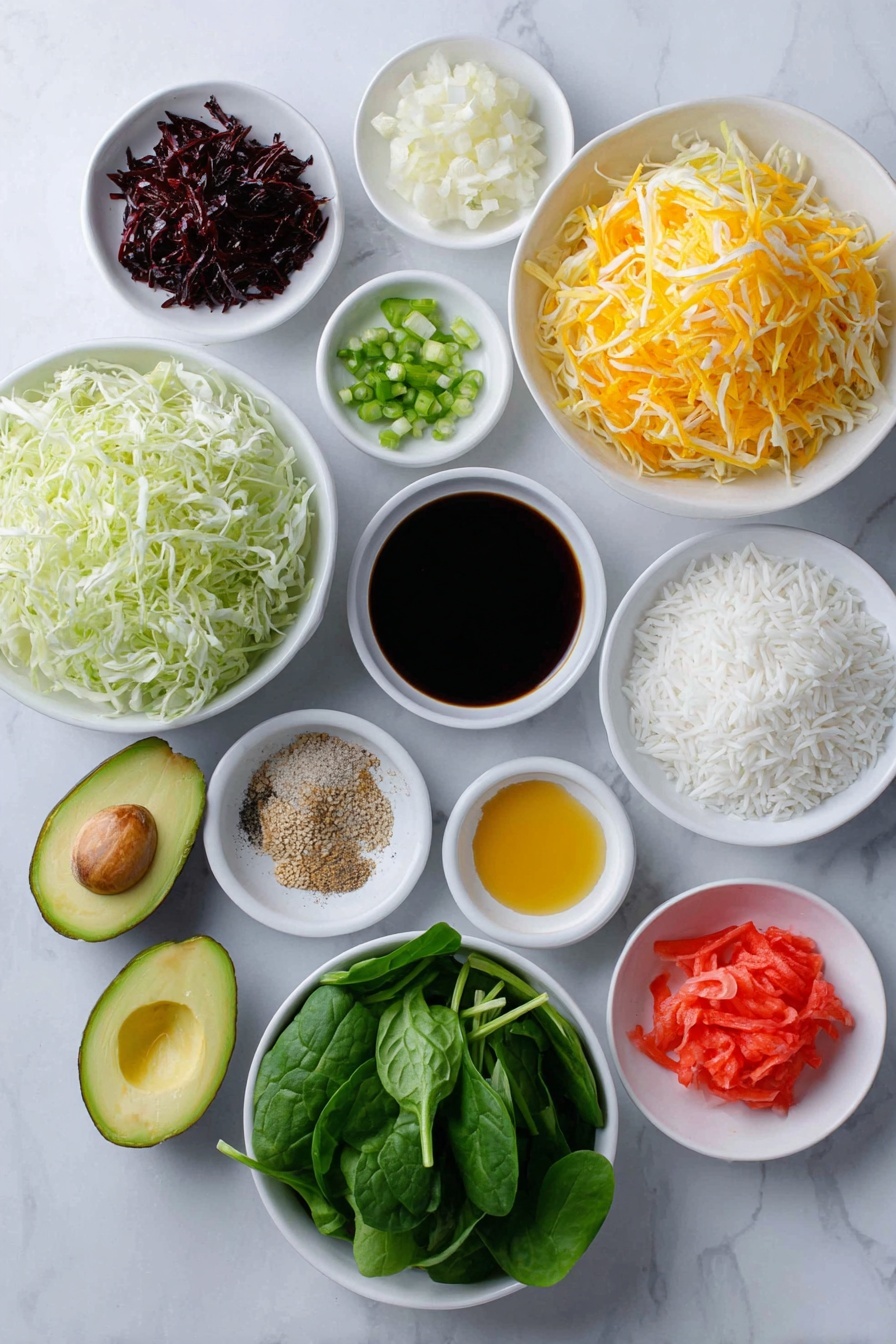 Flat lay of finely grated red apple with skin on, finely grated white onion, three peeled garlic cloves, a thumb-sized piece of fresh ginger, a small white ceramic bowl with dark soy sauce, a small white ceramic bowl with golden sesame oil, a small white ceramic bowl with light brown mirin, a small white ceramic bowl with soft brown sugar, a small white ceramic bowl with black pepper, a small white ceramic bowl with rice vinegar, a fresh whole carrot peeled, whole ripe avocado halved with seed showing, fresh baby spinach leaves, fresh baby cos/romaine lettuce torn into bite size pieces, a handful of white sesame seeds, one green onion with finely sliced green tops, a small pile of white medium grain rice, a small white ceramic bowl with light golden canola oil, and a small pile of bright pink pickled ginger, placed on a clean white marble surface, soft natural light, photo taken with an iPhone, professional food photography style, fresh ingredients, white ceramic bowls, no bottles, no duplicates, no utensils, no packaging --ar 2:3 --v 7 --p m7354615311229779997 - Korean Beef Bulgogi Rice Bowls, Bulgogi Beef Bowl, Korean-inspired rice bowl, easy bulgogi recipe, savory beef rice bowl