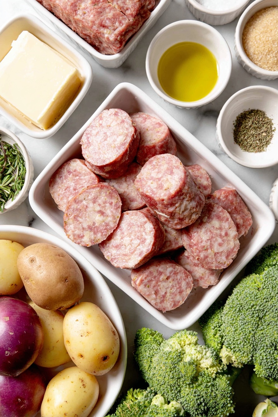 Flat lay of sliced pork kielbasa rounds, a chopped sweet potato with bright orange flesh, four small mixed potatoes including purple, yellow, and red varieties cut into chunks, two heads of fresh green broccoli florets, three peeled garlic cloves, a small white ceramic bowl with golden olive oil, a small white ceramic bowl with melted unsalted butter, a small white ceramic bowl filled with amber honey, a small white ceramic bowl holding light brown packed brown sugar, a small white ceramic bowl with smooth yellow dijon mustard, a small white ceramic bowl containing dried green basil, a small white ceramic bowl with dried oregano, a small white ceramic bowl of coarse kosher salt, a small white ceramic bowl with freshly ground black pepper, all ingredients arranged symmetrically and balanced on a clean white marble surface, soft natural light, photo taken with an iPhone, professional food photography style, fresh ingredients, white ceramic bowls, no bottles, no duplicates, no utensils, no packaging --ar 2:3 --v 7 --p m7354615311229779997 - Honey Garlic Kielbasa Sheet Pan Dinner, easy sheet pan dinner recipes, quick weeknight meals, healthy kielbasa recipes, one pan dinner ideas