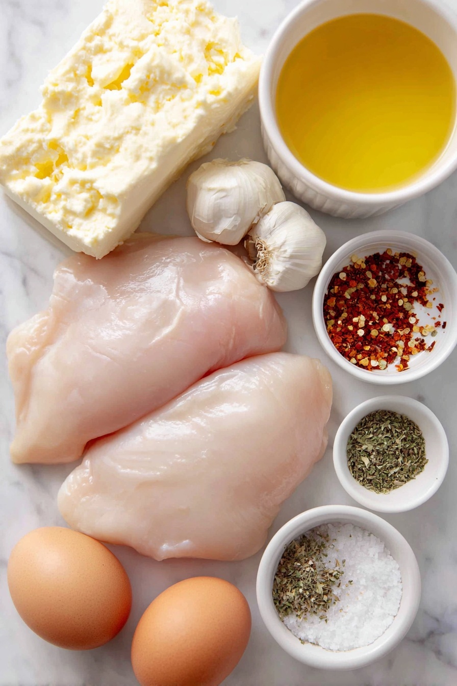 Flat lay of two large raw chicken breasts, a block of cream cheese cut into smaller pieces, a small white bowl of golden olive oil, a small white bowl of melted butter, a small white bowl of light golden chicken broth, a small white bowl of Italian seasoning powder, a small white bowl of crushed red pepper flakes, a small white bowl of garlic powder, three whole garlic bulbs with several peeled cloves, a medium yellow onion halved and chopped, a few sprigs of fresh parsley, and two whole uncracked brown eggs placed on a clean white marble surface, soft natural light, photo taken with an iPhone, professional food photography style, fresh ingredients, white ceramic bowls, no bottles, no duplicates, no utensils, no packaging --ar 2:3 --v 7 --p m7354615311229779997 - Cream Cheese Chicken Skillet, creamy chicken skillet recipe, easy chicken skillet dinner, quick chicken breast recipes, one-pan chicken recipes