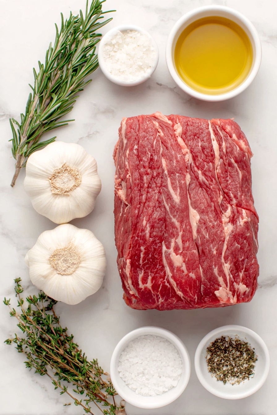 Flat lay of a large raw bottom round beef roast with a deep red color and marbled fat, three fresh whole garlic bulbs with bright white skin and green stems, a small white ceramic bowl filled with golden olive oil, a small white ceramic bowl containing coarse kosher salt crystals, a small white ceramic bowl with freshly ground black pepper, a small white ceramic bowl holding dried rosemary needles, a small white ceramic bowl with dried thyme leaves, and a few sprigs of fresh rosemary and thyme placed neatly alongside, all arranged symmetrically on a clean white marble surface, soft natural light, photo taken with an iPhone, professional food photography style, fresh ingredients, white ceramic bowls, no bottles, no duplicates, no utensils, no packaging --ar 2:3 --v 7 --p m7354615311229779997 - Perfect Roast Beef, roast beef recipe, juicy roast beef, garlic herb roast, tender roast beef