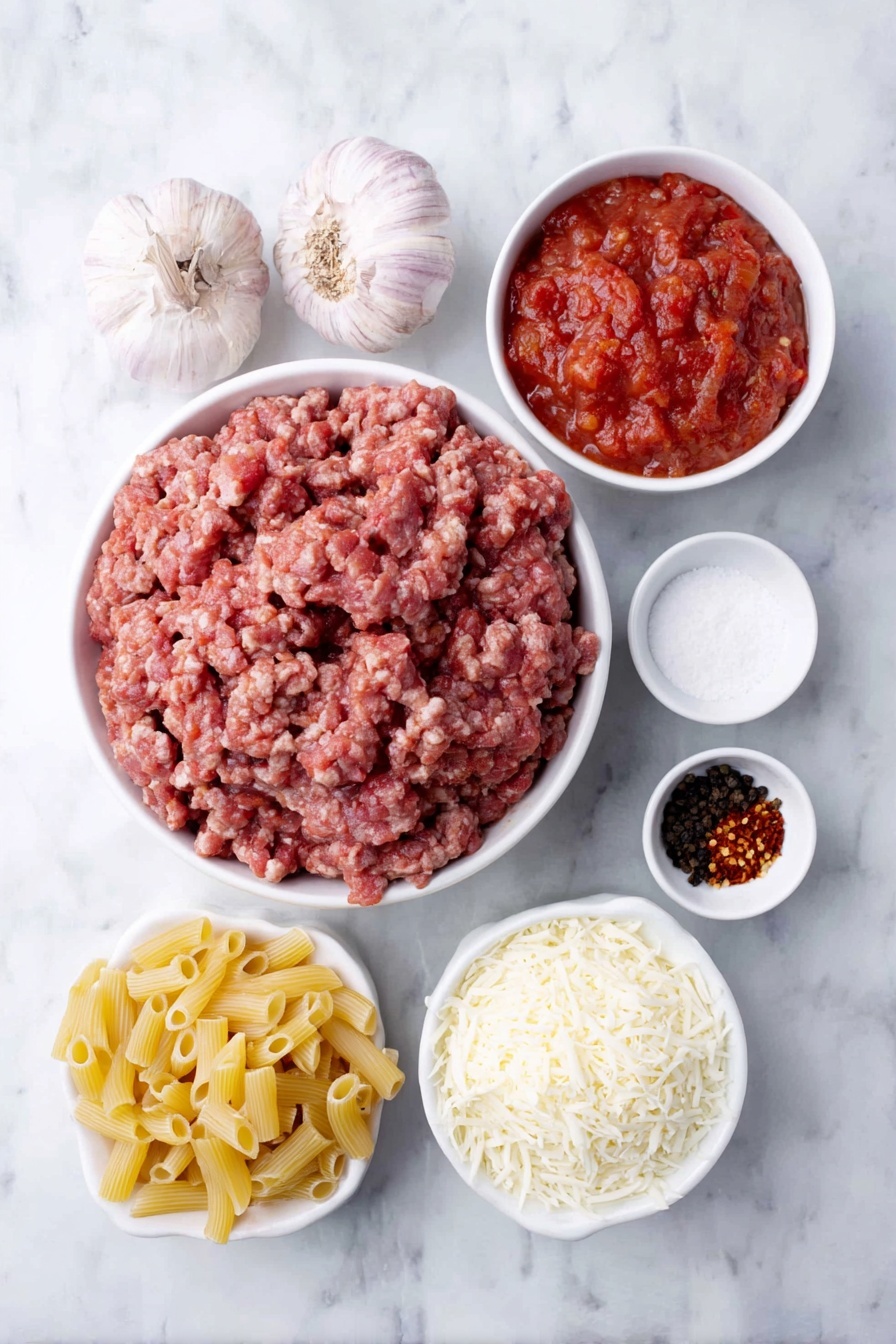 Flat lay of one cup of ziti pasta, a mound of fresh raw Italian sausage crumbles, four whole brown garlic bulbs unpeeled, a small white bowl filled with bright red crushed tomatoes, a small white bowl with coarse white salt crystals, a small white bowl holding white granulated sugar, a small white bowl with red crushed chili flakes, a small white bowl of heavy cream, a small heap of grated pecorino Romano cheese, a small bunch of fresh green basil leaves, a small mound of shredded whole milk mozzarella cheese, all arranged with perfect symmetry on a clean white marble surface, soft natural light, photo taken with an iPhone, professional food photography style, fresh ingredients, white ceramic bowls, no bottles, no duplicates, no utensils, no packaging --ar 2:3 --v 7 --p m7354615311229779997 - Baked Ziti with Sausage and Cream, comforting pasta bake recipes, cheesy sausage baked ziti, creamy baked pasta dishes, hearty Italian pasta recipes