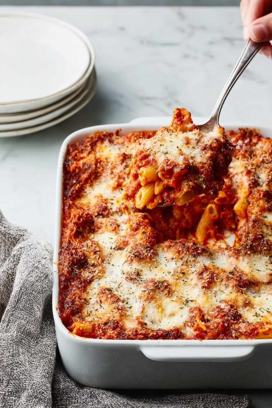 The image shows a white rectangular baking dish filled with baked pasta covered in tomato sauce and melted cheese. The dish features at least two distinct layers: a bottom layer of pasta coated in a rich red tomato sauce with visible herbs, and a thick top layer of bubbling, golden-browned melted cheese that is unevenly spread, giving a textured look. A silver spoon lifts a serving of the pasta from the lower right corner of the dish, revealing more sauce and pasta underneath. The background has a white marbled texture with a white plate stack on the left and a textured gray cloth on the right. A woman's hand holds the spoon, lifting the food. Photo taken with an iphone --ar 2:3 --v 7 - Baked Ziti with Sausage and Cream, comforting pasta bake recipes, cheesy sausage baked ziti, creamy baked pasta dishes, hearty Italian pasta recipes