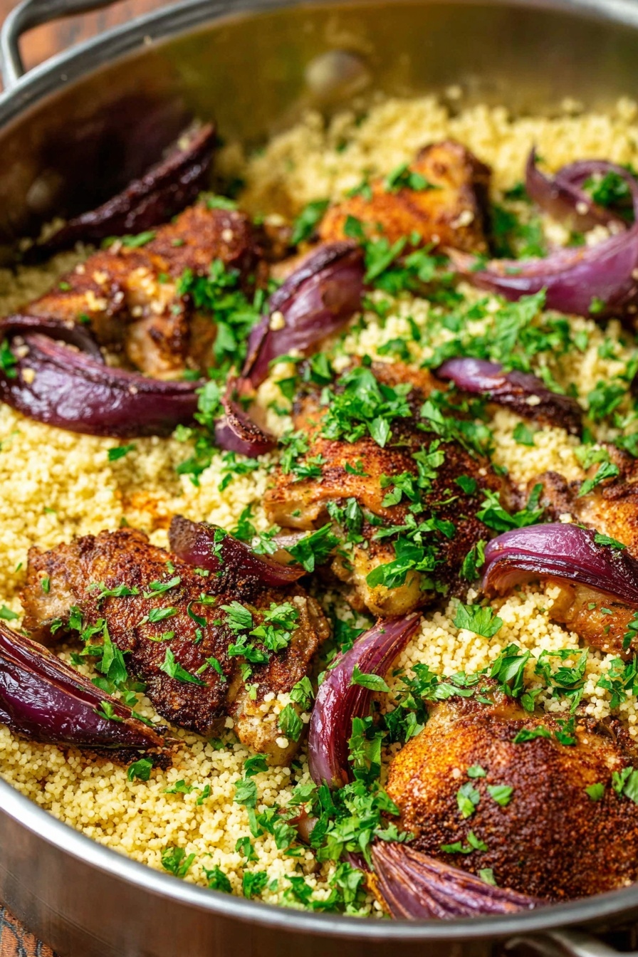 A stainless steel pan filled with three layers starts with a base of cooked couscous, light yellow and fluffy with a grainy texture, spread evenly across the pan. On top, several pieces of browned chicken thighs show a dark, spicy seasoning coating, some pieces peeking through the couscous. Scattered among the chicken and couscous are roasted red onion wedges with a deep purple color and slightly charred edges. Fresh chopped green parsley is sprinkled all over, adding a bright color contrast to the dish. Photo taken with an iphone --ar 2:3 --v 7 - Moroccan Chicken Couscous, Moroccan Chicken Couscous recipe, easy Moroccan chicken dish, flavorful chicken and couscous, healthy Moroccan dinner