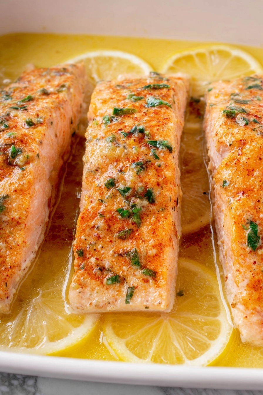 Three pieces of cooked salmon lay side by side in a white dish, each piece topped with a light orange spice mix and small green herb bits. The salmon has a soft, moist texture with a slightly flaky look. The dish is filled with a yellow, buttery sauce, and thin lemon slices rest underneath and around the salmon, adding a bright touch. The background is a white marbled texture. photo taken with an iphone --ar 2:3 --v 7 - Baked Salmon with Garlic and Lemon, baked salmon recipe, easy salmon dinner, healthy baked salmon, lemon garlic salmon