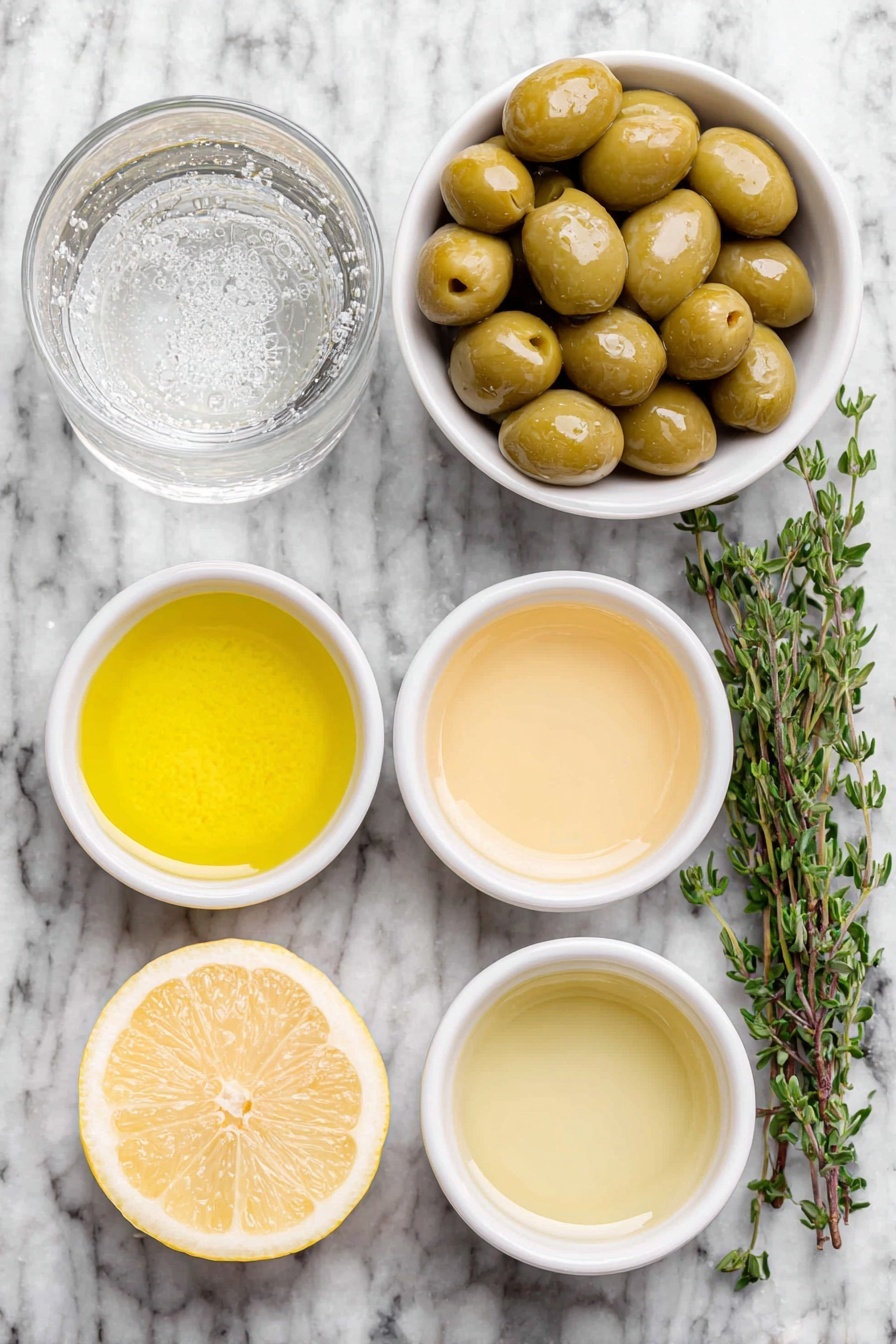 Flat lay of a small white ceramic bowl of bright green olives, a fresh sprig of thyme with delicate green leaves, a small white ceramic bowl filled with clear tonic water, a small white ceramic bowl containing vibrant yellow lemon juice, a small white ceramic bowl of pale golden citrus aperitivo, and a small white ceramic bowl holding cloudy olive brine, all arranged in perfect symmetry and realistic proportions, placed on a clean white marble surface, soft natural light, photo taken with an iPhone, professional food photography style, fresh ingredients, white ceramic bowls, no bottles, no duplicates, no utensils, no packaging --ar 2:3 --v 7 --p m7354615311229779997 - Dirty Spritz with Citrus and Olives, citrus cocktail with olive brine, refreshing salty spritz drink, easy citrus cocktail, olive and citrus spritz