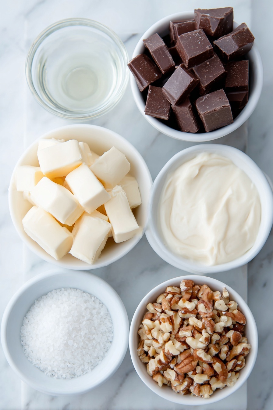Flat lay of a small white ceramic bowl filled with thick sweetened condensed milk, a few glossy semi-sweet chocolate chunks roughly chopped, several soft pale yellow pieces of unsalted butter at room temperature, a small white ceramic bowl holding clear pure vanilla extract, a small white ceramic bowl with flaky sea salt crystals, and a small white ceramic bowl containing chopped mixed nuts, all arranged symmetrically and balanced, placed on a clean white marble surface, soft natural light, photo taken with an iPhone, professional food photography style, fresh ingredients, white ceramic bowls, no bottles, no duplicates, no utensils, no packaging --ar 2:3 --v 7 --p m7354615311229779997 - Easy No-Fail Chocolate Fudge, chocolate fudge recipe, simple chocolate fudge, homemade chocolate fudge, quick fudge for beginners