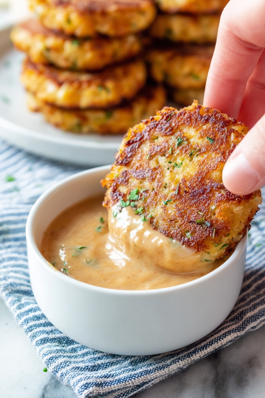 A close-up view shows a golden-brown, crispy round patty with green herb bits being dipped into a bowl of thick, creamy light brown sauce. The bowl is white and sits on a blue-striped cloth over a white marbled surface. In the background, several more patties are stacked on a white plate, slightly blurred. A woman's hand gently holds the patty from the top right side. photo taken with an iphone --ar 2:3 --v 7 - Ham and Cheese Potato Croquettes, cheesy potato croquettes, crispy ham croquettes, savory potato bites, easy croquettes recipe