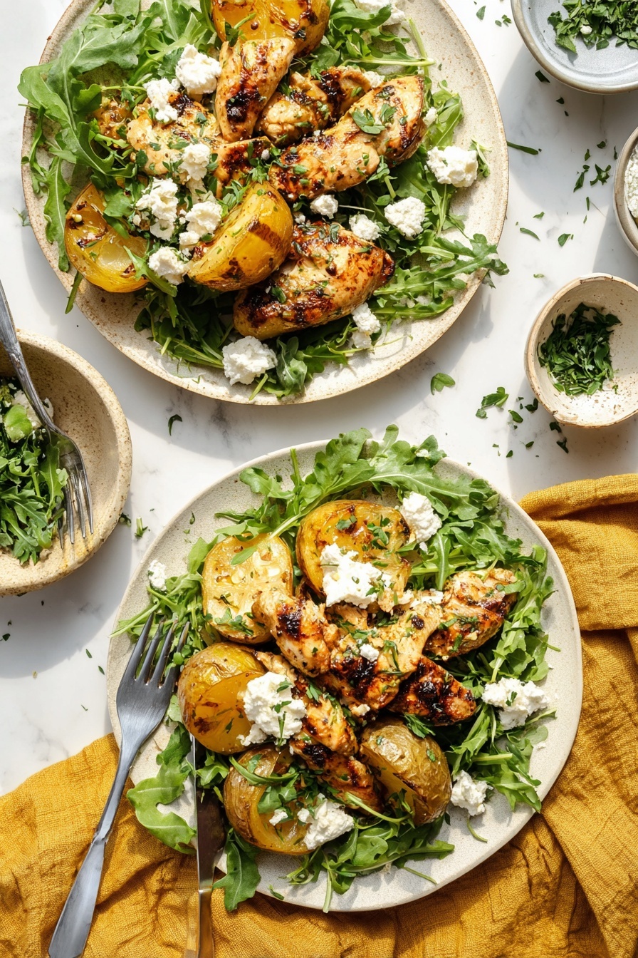 Two white plates sit on a white marbled surface with a soft golden cloth underneath. Each plate holds a bed of fresh green arugula leaves forming the base layer. On top are several pieces of golden-brown cooked chicken, showing light grill marks and a slightly shiny glaze. Mixed among the chicken are caramelized yellow onion slices and halved fingerling potatoes with a crisped, browned surface. Small dollops of white, crumbly cheese are scattered on top, along with fresh green herbs finely chopped and sprinkled for garnish. To the left of the lower plate are a knife and fork resting on the golden cloth, and small bowls with herbs and more cheese sit nearby. The lighting is bright and natural, capturing the textures clearly. photo taken with an iphone --ar 2:3 --v 7 - Herby Lemon Chicken and Potatoes Sheet Pan Dinner, Lemon Chicken sheet pan recipe, easy lemon chicken dinner, healthy sheet pan chicken recipes, quick weeknight chicken