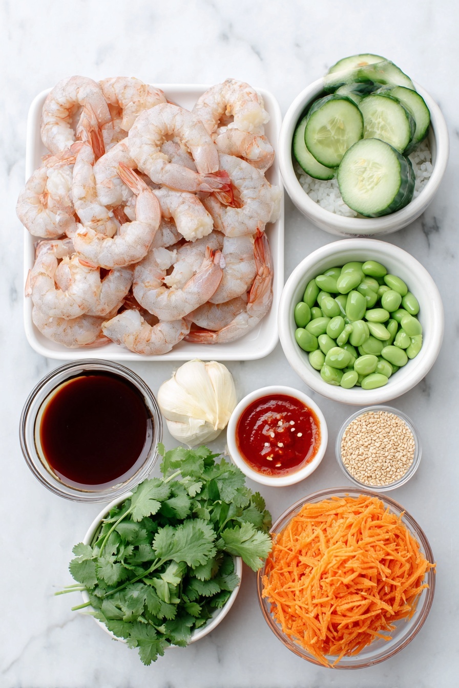 Flat lay of fresh raw shrimp with a light pink hue, a small pile of fluffy white cooked rice, a halved English cucumber with bright green seeds, a cup of vibrant green shelled edamame, thinly sliced orange shredded carrot, a whole glossy green jalapeño pepper, a small bunch of fresh cilantro leaves, a quarter cup of sliced green onion rings, a peeled whole garlic clove, a small pile of freshly grated pale yellow ginger, a small white ceramic bowl of dark reddish-brown low-sodium soy sauce, a small white ceramic bowl of bright red sweet chili sauce, a small white ceramic bowl of vibrant red Sriracha sauce, a small white ceramic bowl with golden light sesame oil, a small white ceramic bowl containing creamy pale mayo, a small white ceramic bowl filled with toasted light brown sesame seeds, and a sprinkle of crushed red pepper flakes -- all arranged with perfect symmetry and balanced proportions on a clean white marble surface, soft natural light, photo taken with an iPhone, professional food photography style, fresh ingredients, white ceramic bowls, no bottles, no duplicates, no utensils, no packaging --ar 2:3 --v 7 --p m7354615311229779997 - Spicy Shrimp Rice Bowls, spicy shrimp bowl recipe, easy seafood rice bowl, quick spicy shrimp dinner, healthy shrimp rice bowls