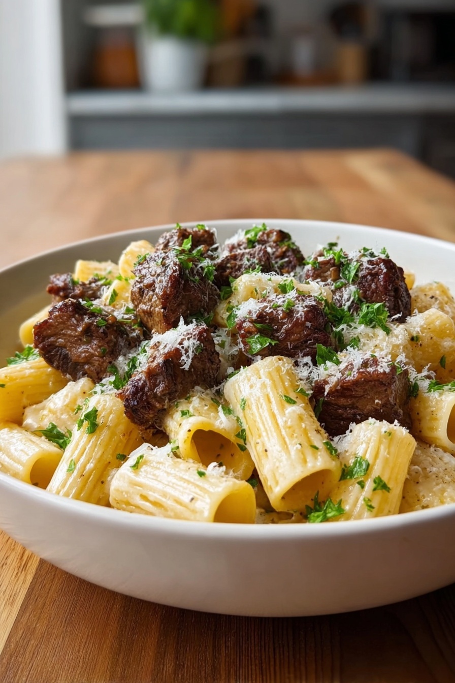 A white bowl filled with three layers of food. The bottom layer is creamy rigatoni pasta with a light yellow color and smooth texture. On top of the pasta, there are browned pieces of beef, roughly shaped and seared with a crispy outer surface and dark brown color. The whole dish is sprinkled with grated cheese that looks white and fine, along with small, bright green parsley leaves scattered evenly for a fresh look. The bowl sits on a wooden table with blurred neutral kitchen background. Photo taken with an iphone --ar 2:3 --v 7 - Cajun Steak Tips with Cheesy Pasta, Cajun steak tips, cheesy pasta recipes, easy Cajun dinner, flavorful steak pasta dish