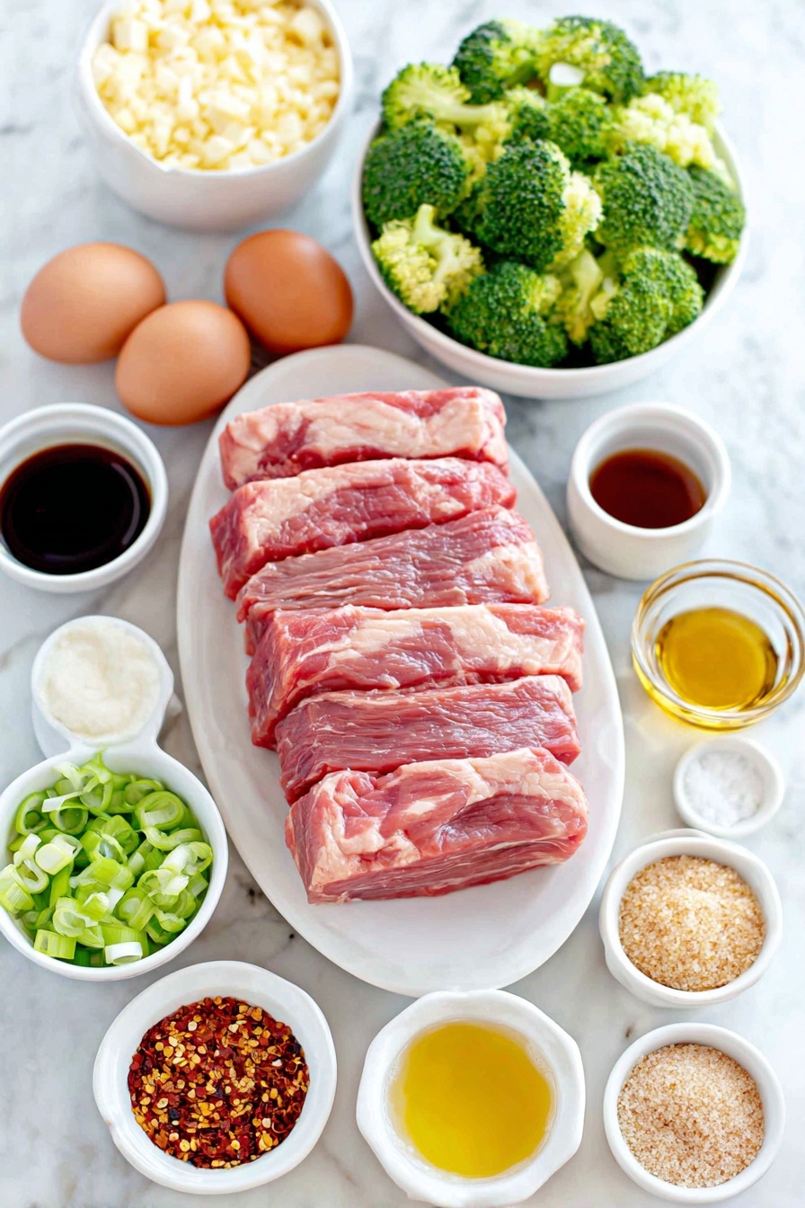 Flat lay of fresh raw flank steak slices arranged neatly on a simple white ceramic plate, a small white bowl of broccoli florets, a few green onions sliced thinly placed beside it, two whole uncracked brown eggs with clean shells, a small white bowl of freshly minced garlic, a small white bowl of light brown sugar, a small white bowl of soy sauce, a small white bowl of oyster sauce, a small white bowl of dark soy sauce, a small white bowl of black vinegar, a small white bowl of toasted sesame oil, a small white bowl of chicken broth, a small white bowl of cornstarch, a small white bowl of avocado oil, a small white bowl of red pepper flakes, a small white bowl of coarse salt, a small white bowl of freshly cracked black pepper, and a small white bowl containing baking soda, all placed on a clean white marble surface, soft natural light, photo taken with an iPhone, professional food photography style, fresh ingredients, white ceramic bowls, no bottles, no duplicates, no utensils, no packaging --ar 2:3 --v 7 --p m7354615311229779997 - Chinese Beef with Garlic Sauce, Chinese beef stir-fry, garlic beef recipe, Chinese takeout at home, easy Chinese beef dish