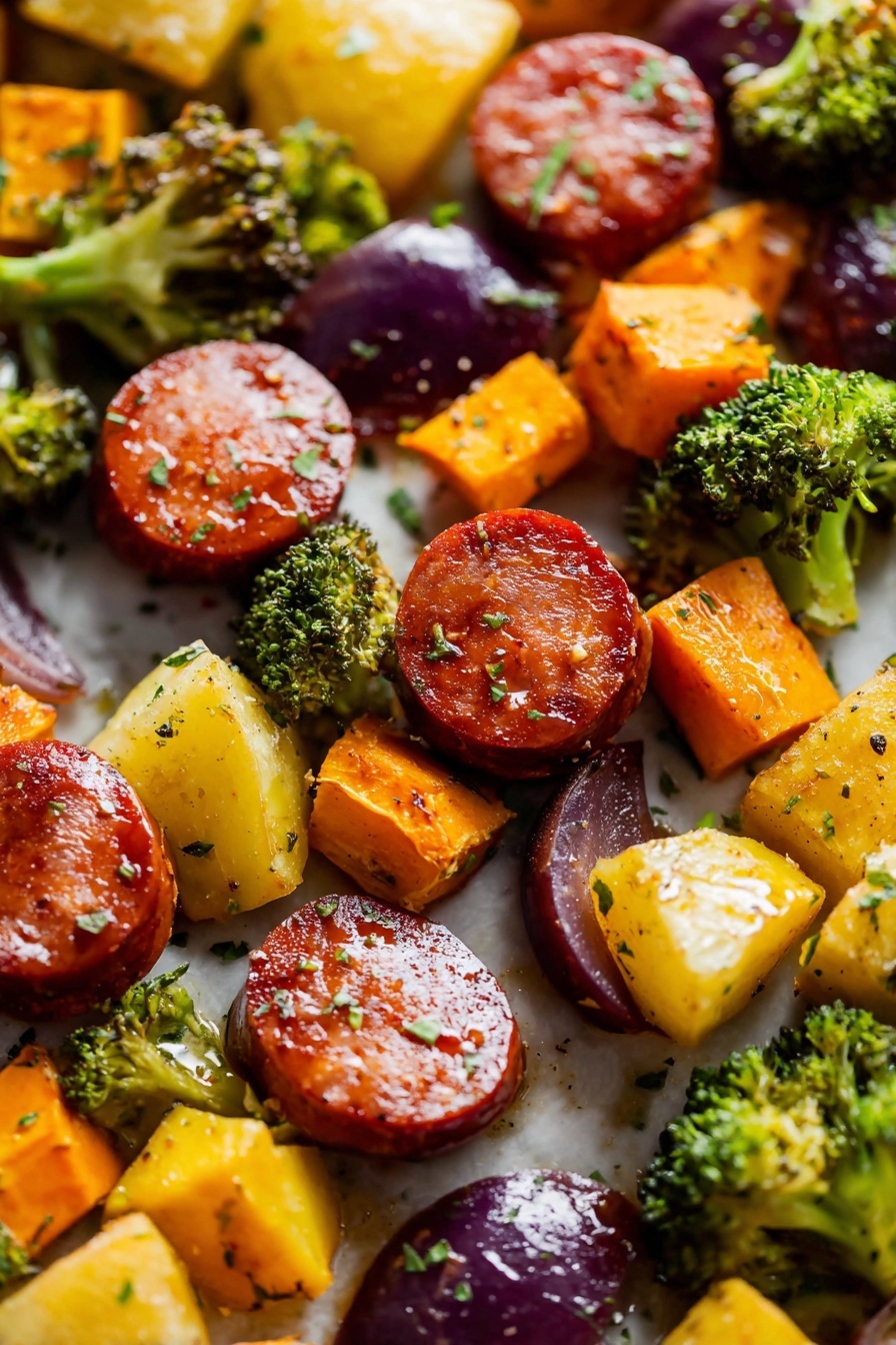 The image shows a close-up view of roasted vegetables and sausage slices on a white marbled surface. There are round, glossy, reddish-brown sausage slices with a slight glaze, surrounded by small cubes of bright orange sweet potatoes and chunks of yellow and purple potatoes with a roasted texture. Small, vibrant green broccoli florets are scattered among the vegetables and sausage, adding contrast in color and texture. The mixture has a light coating of herbs and seasoning, giving it a slightly shiny and tasty look. Photo taken with an iphone --ar 2:3 --v 7 - Honey Garlic Kielbasa Sheet Pan Dinner, easy sheet pan dinner recipes, quick weeknight meals, healthy kielbasa recipes, one pan dinner ideas
