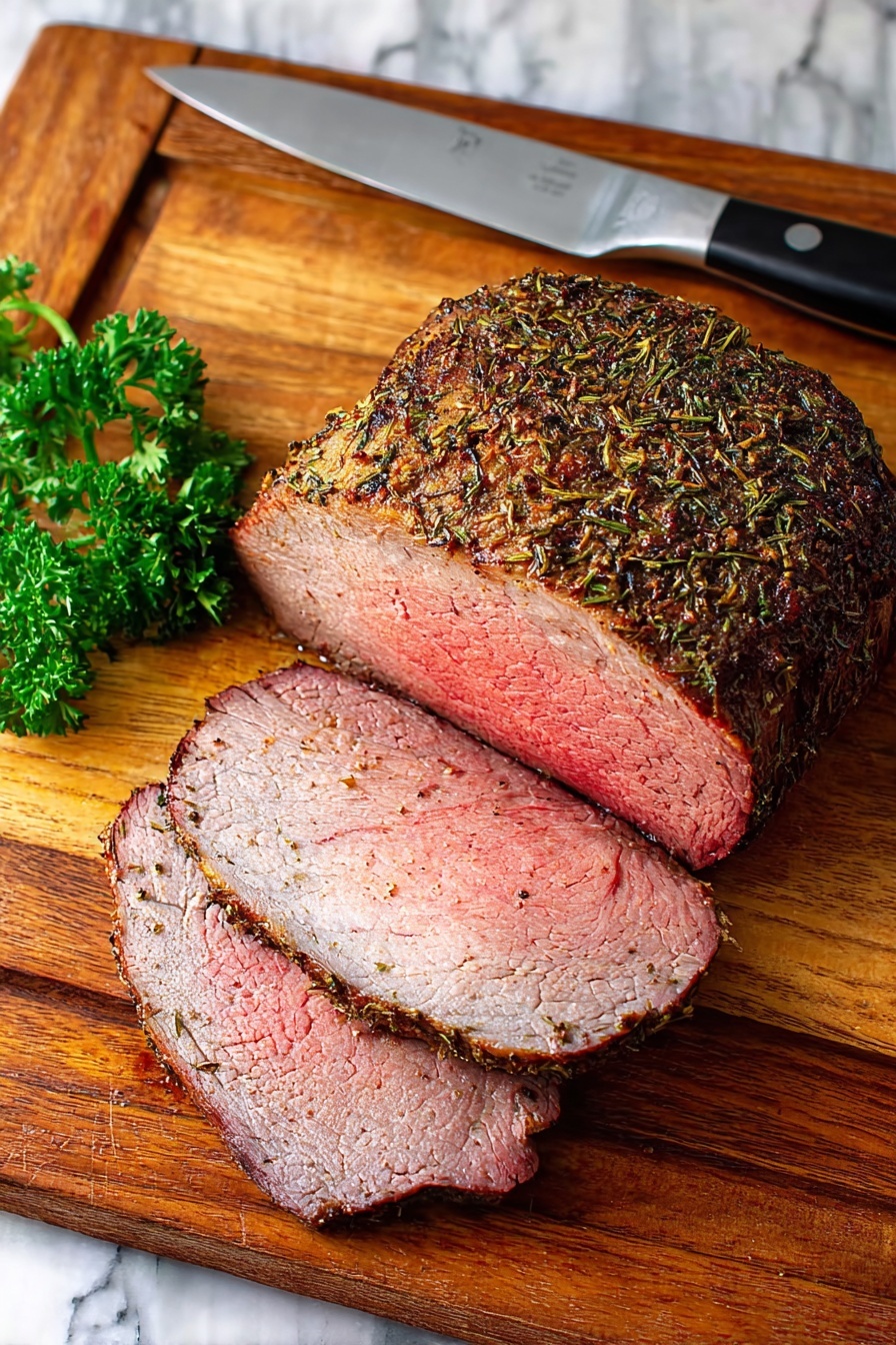A thick piece of roast beef is on a wooden cutting board. The roast has a dark brown crust full of herbs and spices on top. Two slices of the beef lie in front, showing a pinkish-red inside with a gentle brown edge. A small bunch of green parsley is placed to the side of the meat. A sharp knife with a silver blade and black handle rests above the roast. The wooden board has a warm tone and lies on a white marbled surface. photo taken with an iphone --ar 2:3 --v 7 - Perfect Roast Beef, roast beef recipe, juicy roast beef, garlic herb roast, tender roast beef