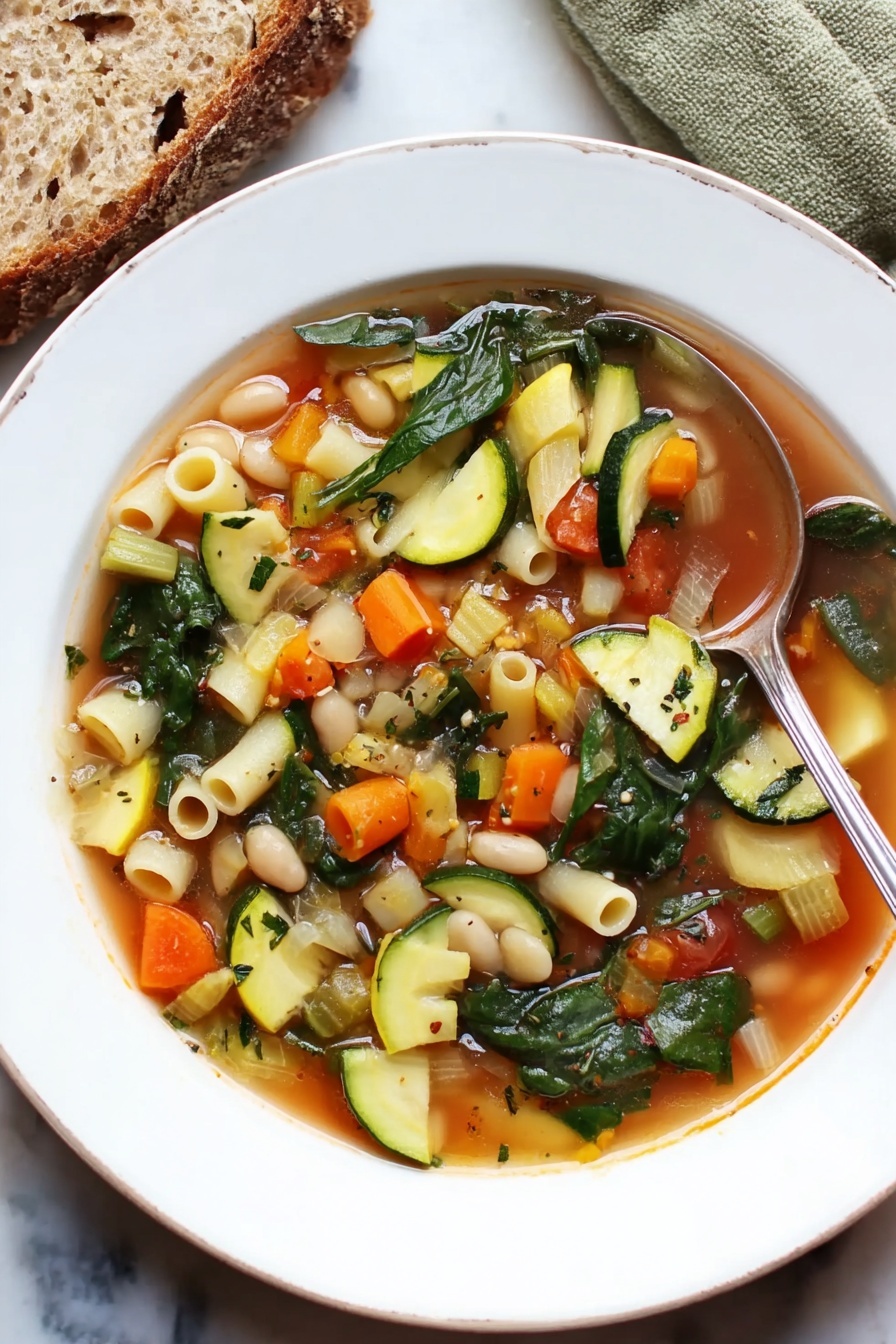 A white shallow bowl filled with a colorful vegetable soup, showing clear broth with small pasta tubes scattered throughout. The soup has layers of bright orange carrot chunks, light green and yellow zucchini slices, small white beans, and dark green spinach leaves floating on top. A silver spoon rests in the bowl's right side, partially submerged in the soup. To the left, a piece of bread with a rough texture sits on a white marbled surface. The overall look is fresh and warm. photo taken with an iphone --ar 2:3 --v 7 - Hearty Minestrone Soup with Fresh Vegetables, healthy minestrone soup, homemade vegetable soup, easy minestrone recipe, comforting veggie soup