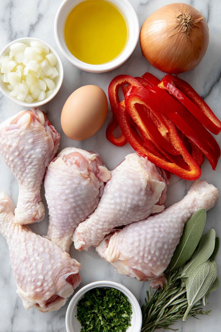 Flat lay of fresh bone-in, skin-on chicken legs and drumsticks arranged beside a whole uncracked brown egg, a medium yellow onion thinly sliced, a large red bell pepper sliced into strips, several peeled garlic cloves sliced, small white ceramic bowls containing extra-virgin olive oil, dry white wine, crushed whole peeled tomatoes with reserved juices, and sprigs of fresh rosemary and sage plus a bay leaf, alongside a small white ceramic bowl with minced flat-leaf parsley, all placed symmetrically on a clean white marble surface, soft natural light, photo taken with an iPhone, professional food photography style, fresh ingredients, white ceramic bowls, no bottles, no duplicates, no utensils, no packaging --ar 2:3 --v 7 --p m7354615311229779997 - Chicken Cacciatore with Red Peppers, Chicken Cacciatore recipe, hearty Italian chicken dish, easy chicken cacciatore dinner, flavorful chicken recipes