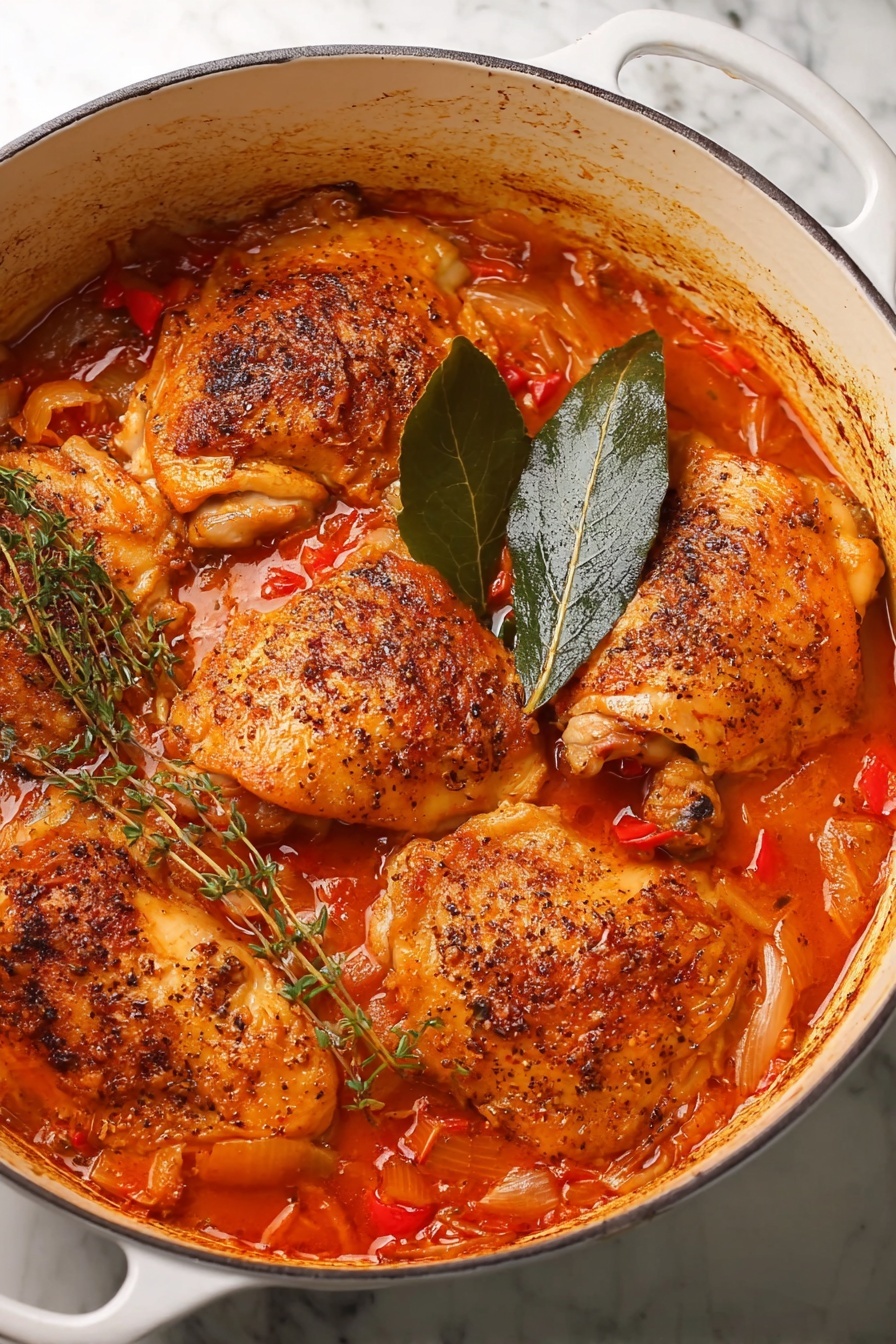A white pot filled with five cooked chicken pieces partly covered by a rich orange-red sauce with bits of red peppers and onions visible. The chicken skin is browned and seasoned with black pepper, showing a textured surface. On top of the chicken, there is a sprig of fresh thyme and a large green bay leaf. The pot sits on a white marbled surface. photo taken with an iphone --ar 2:3 --v 7 - Chicken Cacciatore with Red Peppers, Chicken Cacciatore recipe, hearty Italian chicken dish, easy chicken cacciatore dinner, flavorful chicken recipes