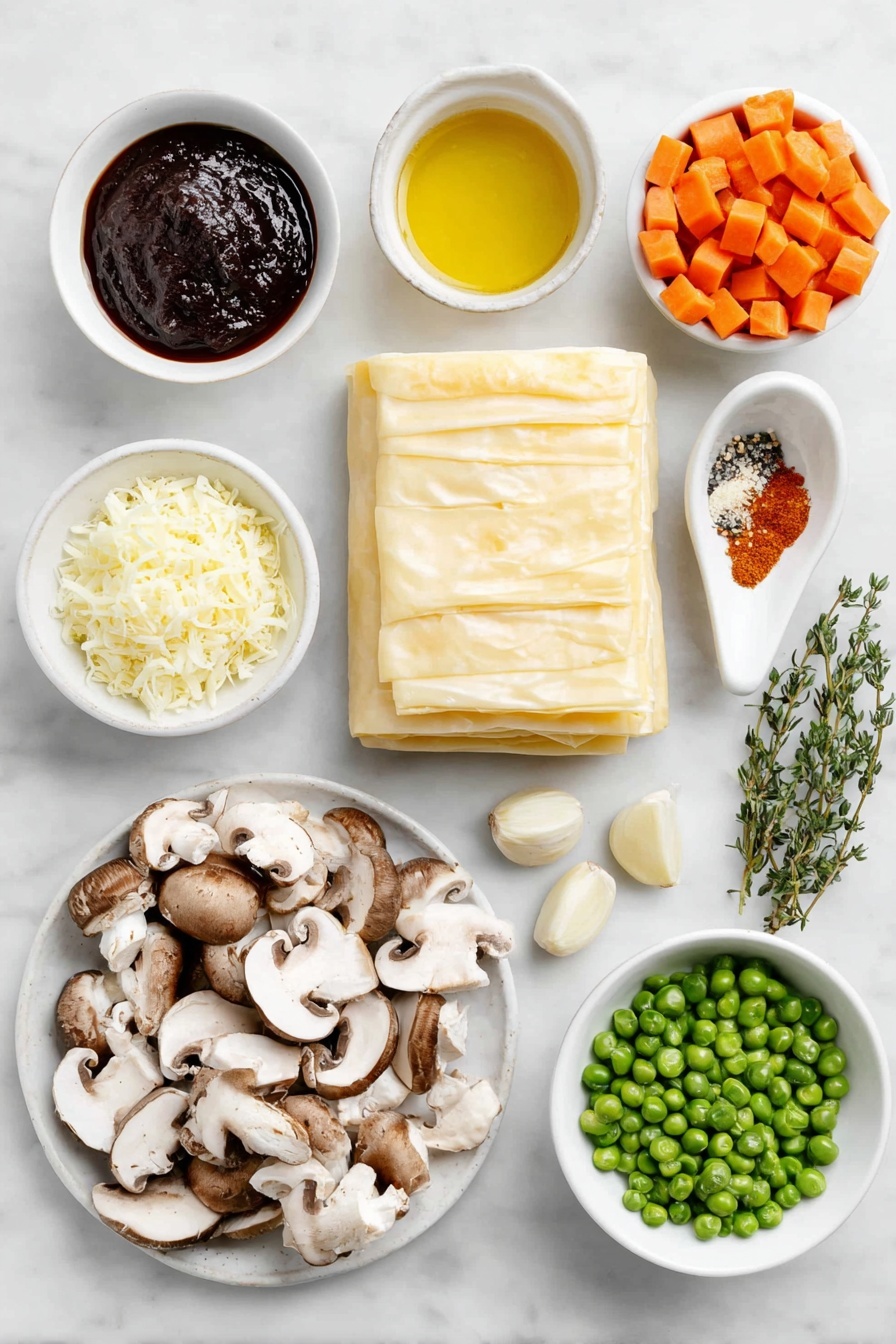 Flat lay of a single sheet of thawed puff pastry neatly folded on a simple white ceramic plate, a small white bowl filled with golden olive oil, a yellow onion finely diced on a white ceramic dish, fresh quartered cremini mushrooms arranged next to roughly chopped oyster mushrooms on a plain white ceramic platter, a small pile of diced bright orange carrots on a separate white dish, a dollop of deep red tomato paste on a white spoon-shaped ceramic dish, several peeled cloves of garlic scattered on a small white ceramic plate, fresh green thyme sprigs carefully placed beside a white bowl with a fine dusting of paprika powder, a small white bowl containing freshly ground black pepper, a few small gold potatoes diced on a white flat dish, a small white bowl of soaked raw cashews, a white ceramic bowl filled with clear vegetable broth, a small white bowl of frozen bright green peas, and a white ramekin of creamy non-dairy milk arranged in perfect symmetry, all ingredients fresh and natural, placed on a clean white marble surface, soft natural light, photo taken with an iPhone, professional food photography style, fresh ingredients, white ceramic bowls, no bottles, no duplicates, no utensils, no packaging --ar 2:3 --v 7 --p m7354615311229779997 - Vegan Mushroom Pot Pie, vegan mushroom pie, plant-based mushroom pot pie, dairy-free mushroom pot pie, hearty vegan comfort food