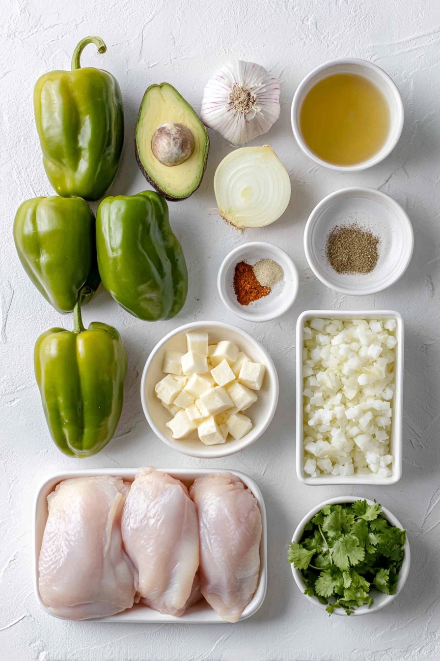 Flat lay of two fresh poblano peppers, two bright Anaheim peppers, six peeled green tomatillos, one thinly sliced yellow onion, two whole cloves of garlic with skin on, a small white ceramic bowl of vegetable oil, a small white ceramic bowl of golden chicken broth, two raw boneless skinless chicken breasts, a small white ceramic bowl of ground cumin, a small white ceramic bowl of dried oregano, a small white ceramic bowl of chili powder, a small white ceramic bowl of kosher salt, a small white ceramic bowl of drained and rinsed hominy, one whole lime, three sprigs of fresh cilantro, one ripe avocado cut into cubes, three thinly sliced radishes all arranged with perfect symmetry on a clean white marble surface, soft natural light, photo taken with an iPhone, professional food photography style, fresh ingredients, white ceramic bowls, no bottles, no duplicates, no utensils, no packaging --ar 2:3 --v 7 --p m7354615311229779997 - Slow Cooker Chicken Posole Verde, easy Mexican Posole Verde, healthy slow cooker dinner, comforting chicken stew, Mexican green chili soup