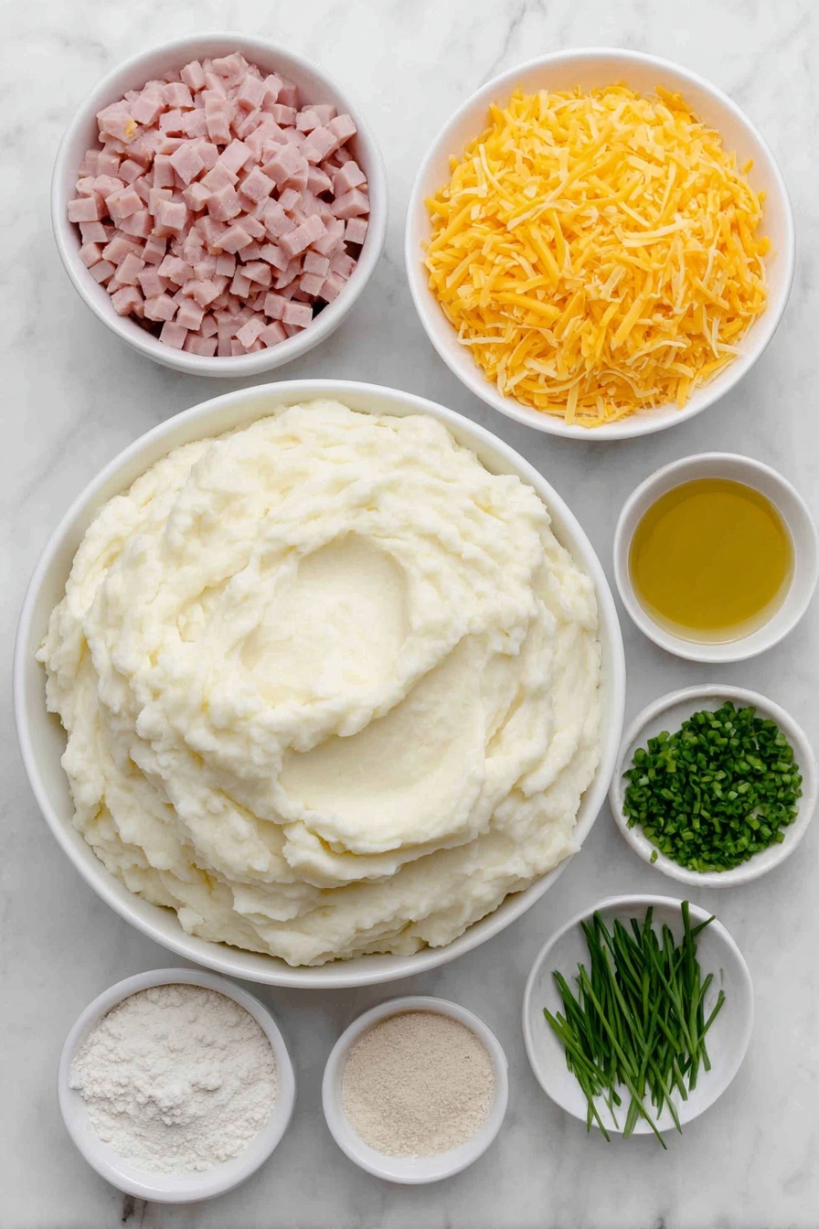 Flat lay of a large white ceramic bowl filled with smooth, creamy leftover mashed potatoes, a small white ceramic bowl of finely diced pink ham, a small white ceramic bowl heaped with bright orange shredded cheddar cheese, a small white ceramic bowl holding thinly sliced fresh green chives, a small white ceramic bowl containing pale beige garlic powder, a small white ceramic bowl with fine white all-purpose flour, and a small white ceramic bowl filled with golden vegetable oil, all perfectly arranged in balanced symmetry, placed on a clean white marble surface, soft natural light, photo taken with an iPhone, professional food photography style, fresh ingredients, white ceramic bowls, no bottles, no duplicates, no utensils, no packaging --ar 2:3 --v 7 --p m7354615311229779997 - Ham and Cheese Potato Croquettes, cheesy potato croquettes, crispy ham croquettes, savory potato bites, easy croquettes recipe