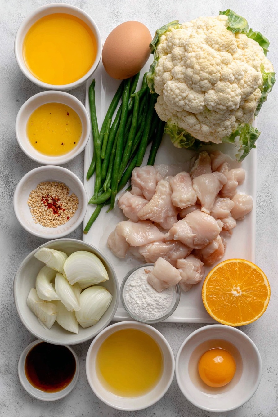 Flat lay of a fresh whole head of cauliflower with separated florets, a small pile of raw bite-sized chicken breast pieces, a halved white onion with chunks visible, three whole garlic cloves, one large red bell pepper sliced into thin strips, fresh green beans trimmed and cut, a small handful of raw cashews, one whole clean uncracked brown egg, a thinly sliced large orange with visible zest, a few fresh green onion stalks, a small mound of toasted sesame seeds, small white ceramic bowls containing golden coconut oil, bright orange freshly squeezed orange juice, amber honey, dark gluten-free soy sauce, finely grated fresh ginger, white cornstarch powder, and red pepper flakes, all arranged symmetrically on a clean white ceramic plate and white ceramic bowls, placed on a clean white marble surface, soft natural light, photo taken with an iPhone, professional food photography style, fresh ingredients, white ceramic bowls, no bottles, no duplicates, no utensils, no packaging --ar 2:3 --v 7 --p m7354615311229779997 - Healthy Orange Chicken Stir Fry with Cauliflower Rice, healthy orange chicken stir fry, low-carb orange chicken, cauliflower rice recipes, quick healthy dinner