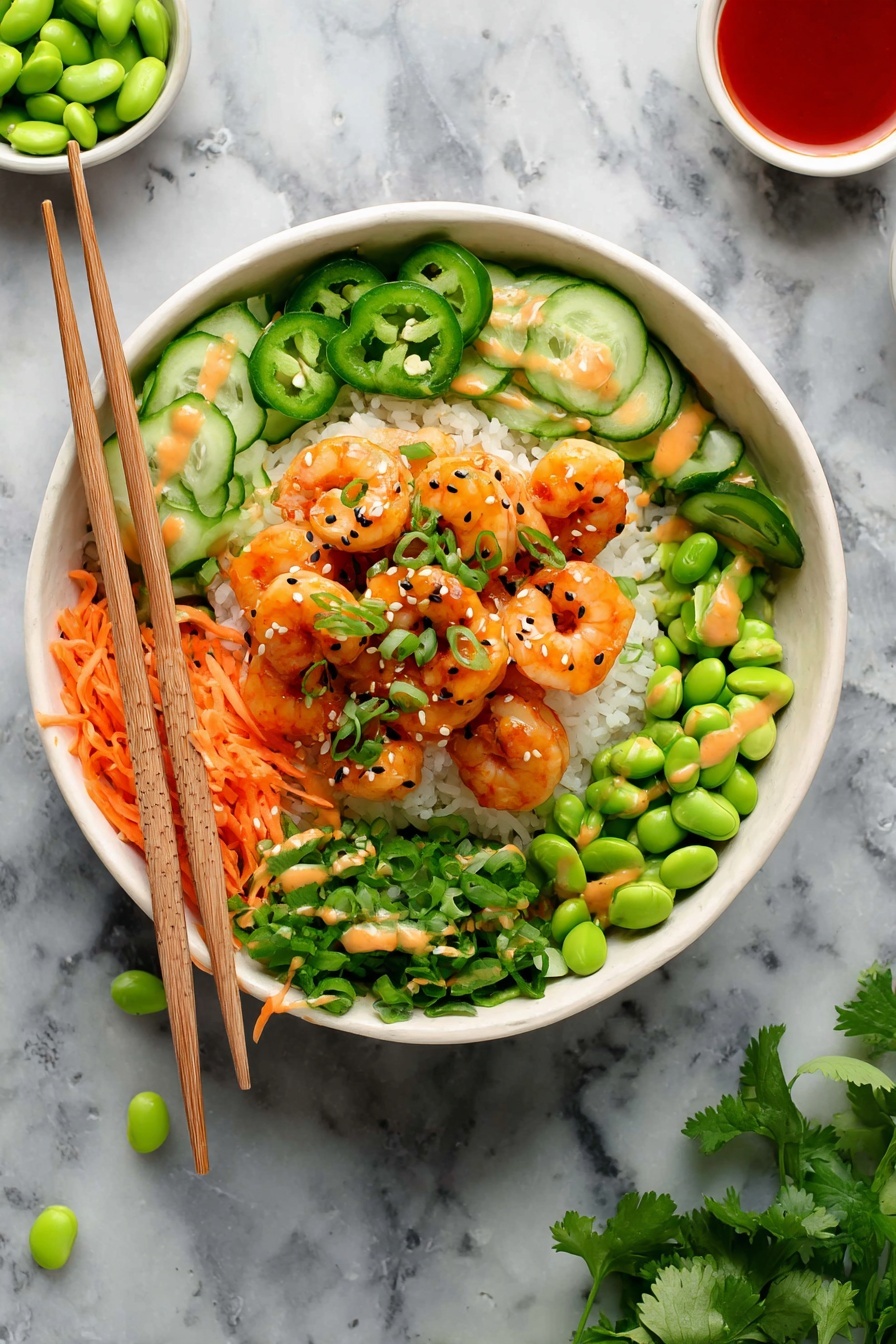 A white bowl on a white marbled surface holds a colorful shrimp rice bowl. The bottom layer is white rice, topped with bright orange cooked shrimp glazed with sauce and sprinkled with green scallions and black sesame seeds in the center. Around the shrimp, there are thin slices of green jalapeño peppers on the top left, thin cucumber slices drizzled with a light orange sauce on the top right, bright green edamame beans on the lower right, shredded orange carrots on the lower left, and some fresh cilantro leaves on the far left. Light brown wooden chopsticks rest on the left side of the bowl with a couple of loose green edamame beans nearby. Parts of two small bowls with red sauce and edamame are seen at the top of the image. There is fresh cilantro at the bottom of the scene. The photo taken with an iphone --ar 2:3 --v 7 - Spicy Shrimp Rice Bowls, spicy shrimp bowl recipe, easy seafood rice bowl, quick spicy shrimp dinner, healthy shrimp rice bowls