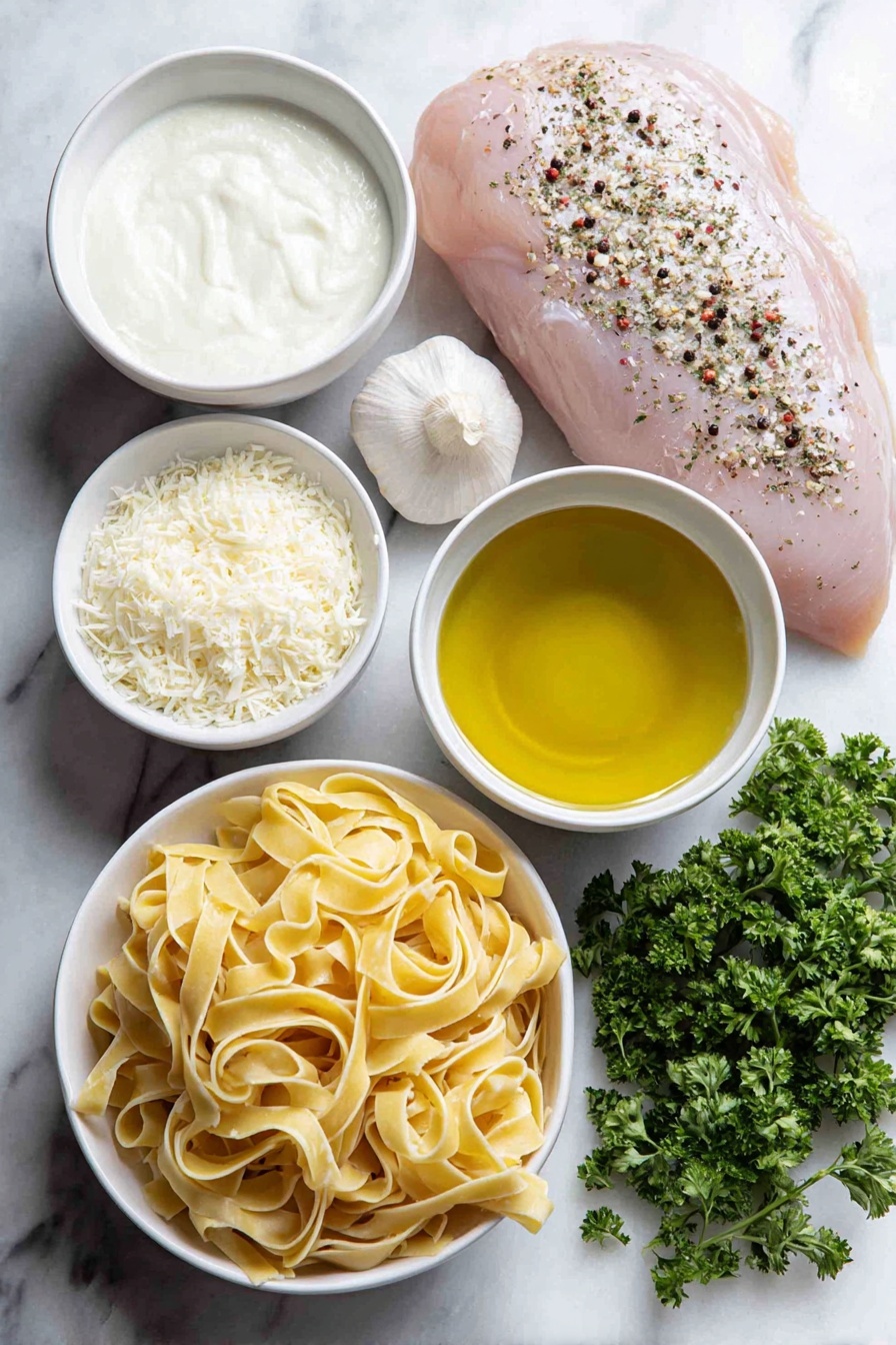 Flat lay of a freshly sliced raw chicken breast with a light sprinkle of salt and pepper, a small pool of golden olive oil in a simple white ceramic bowl, uncooked fettuccine pasta neatly arranged, a small white bowl filled with creamy milk, another white bowl containing clear chicken stock, a peeled large garlic clove finely minced beside it, a small white bowl of thick heavy cream, a small white bowl heaped with freshly grated Parmesan cheese, and a few vibrant green sprigs of parsley, all placed on a clean white marble surface, soft natural light, photo taken with an iPhone, professional food photography style, fresh ingredients, white ceramic bowls, no bottles, no duplicates, no utensils, no packaging --ar 2:3 --v 7 --p m7354615311229779997 - One Pot Chicken Alfredo Pasta, easy chicken Alfredo pasta, quick creamy pasta, one skillet chicken pasta, family-friendly Alfredo dish